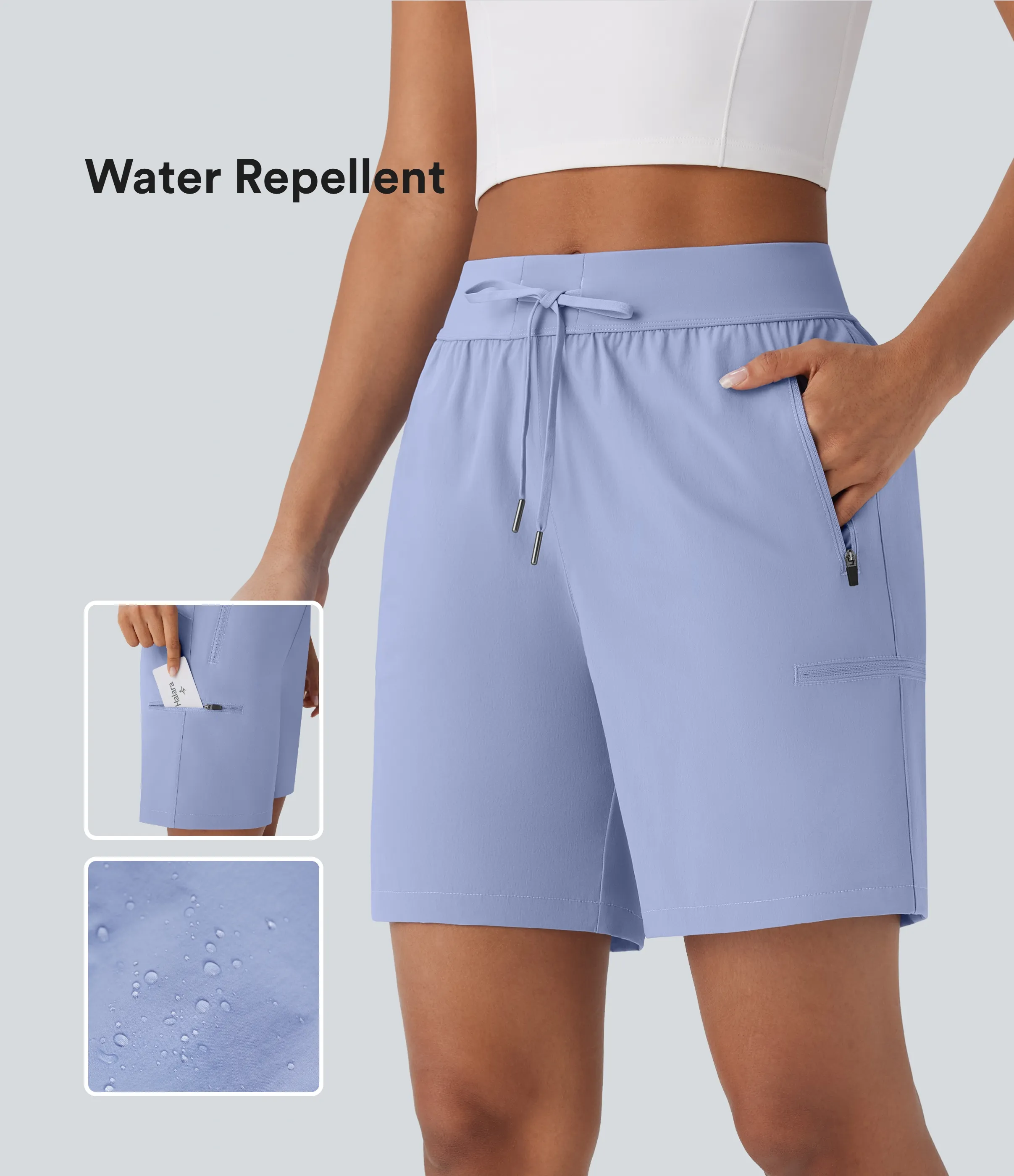 Halara Pantalones cortos de senderismo impermeables y resistentes, de tiro medio con cordón ajustable y múltiples bolsillos con cremallera. - Azure Haze - S sold by Halara