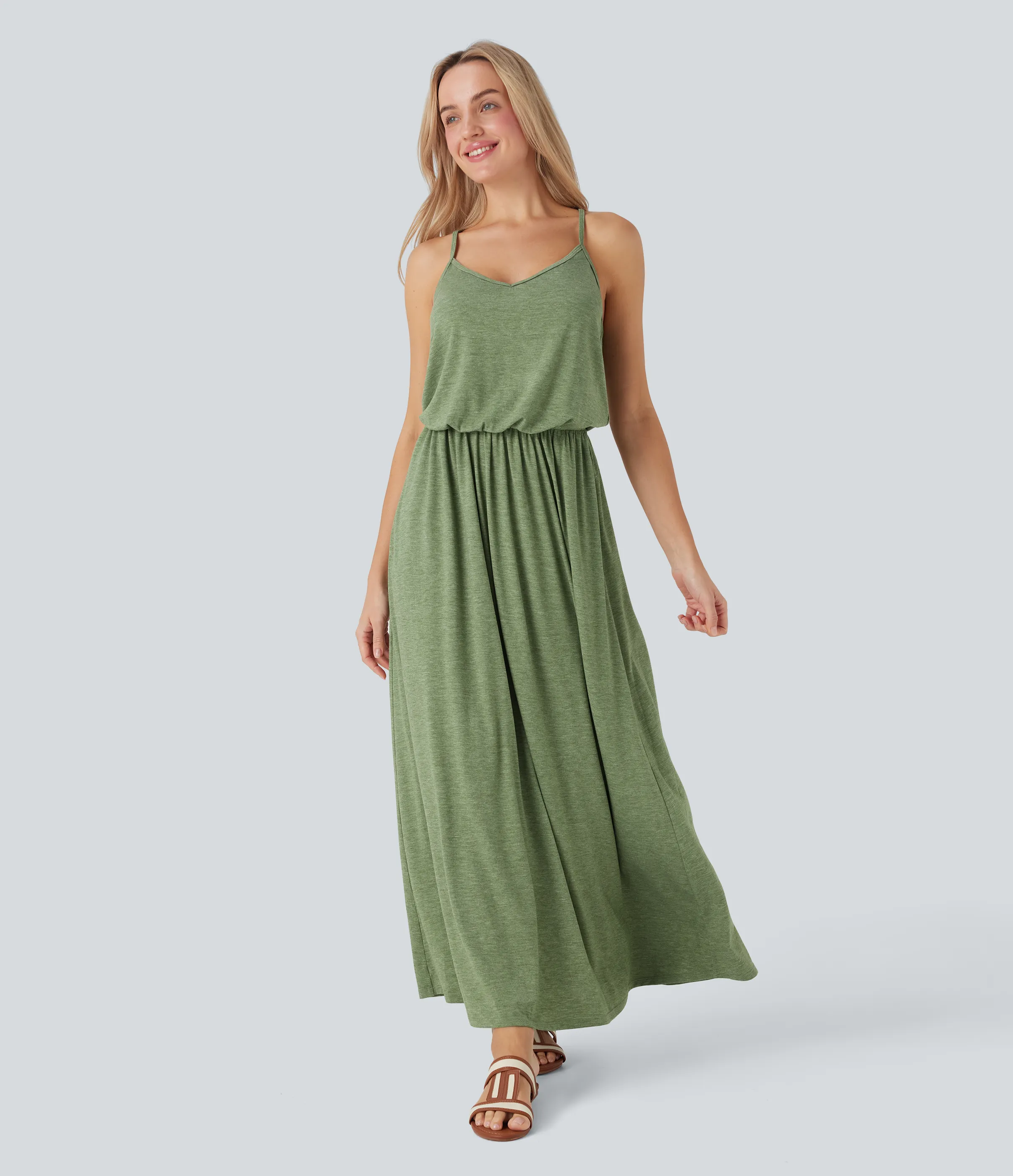 Halara Vestido largo fluido con tirantes ajustables y bolsillos para vacaciones - Light Green Floral Yarn - L sold by Halara product image thumbnail 2