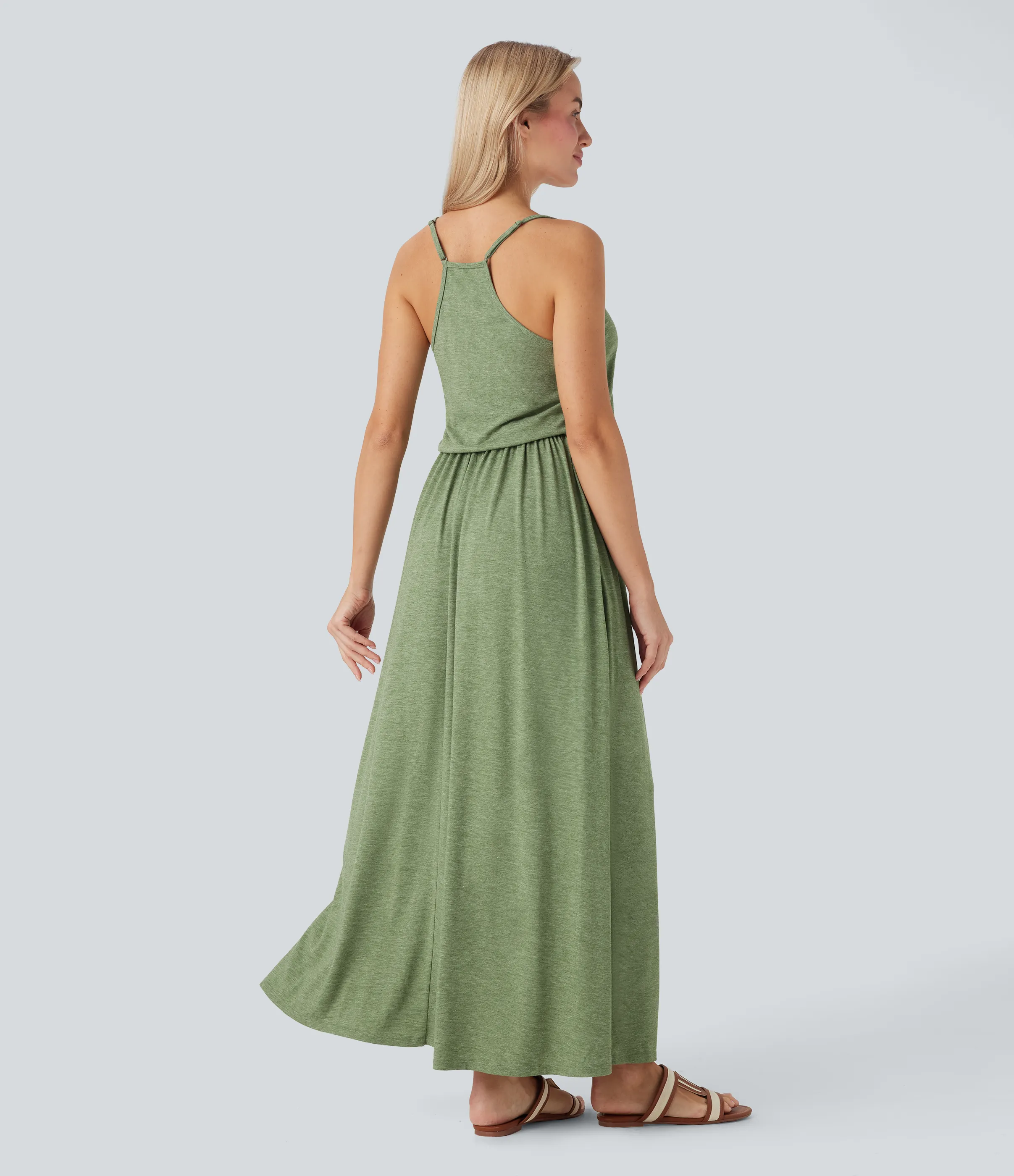 Halara Vestido largo fluido con tirantes ajustables y bolsillos para vacaciones - Light Green Floral Yarn - L sold by Halara product image thumbnail 3