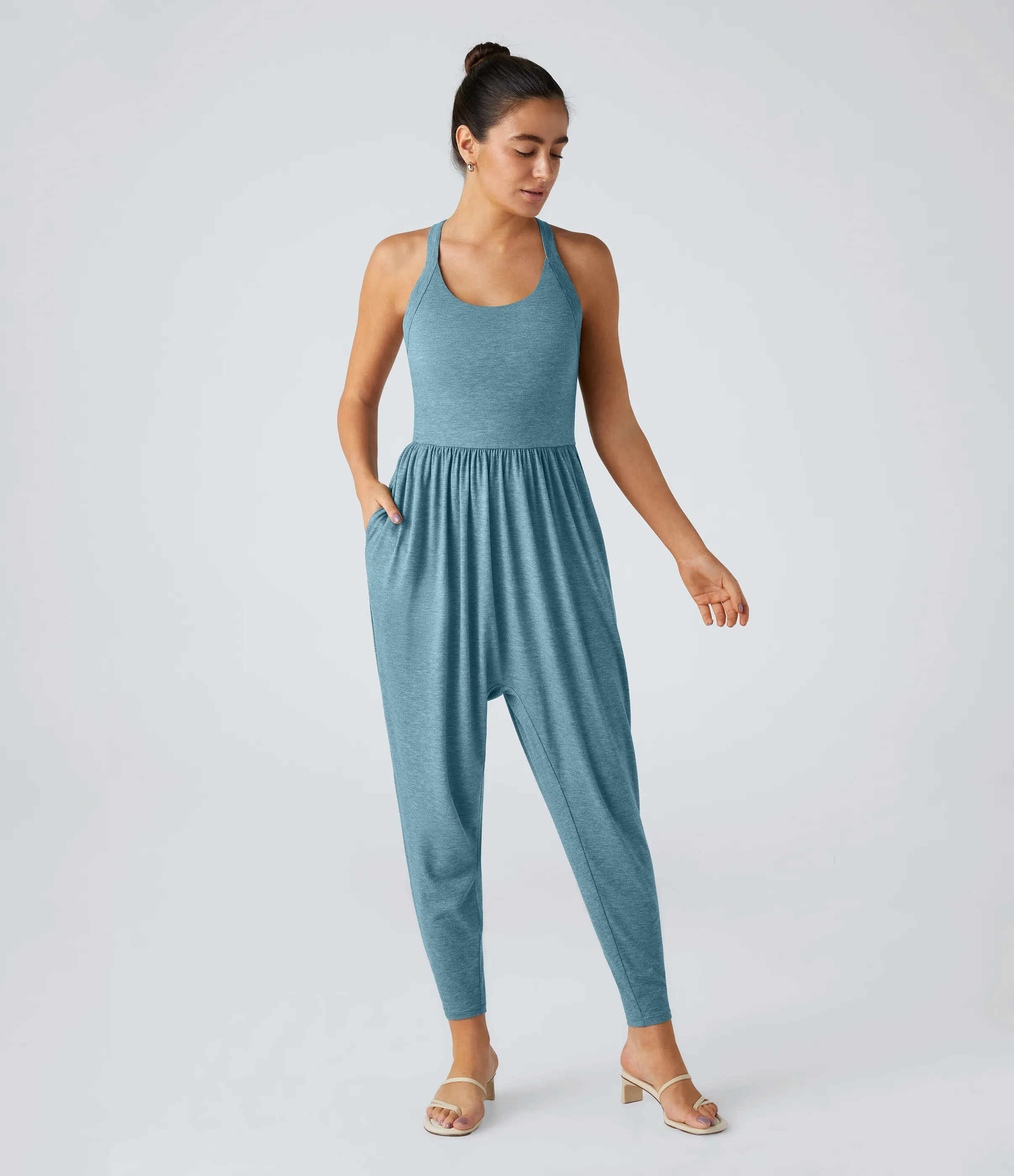 Halara Mono harén bolsillo lateral cuello U torcido sin espalda - Stone Green Floral Yarn - S(regular) sold by Halara product image thumbnail 3