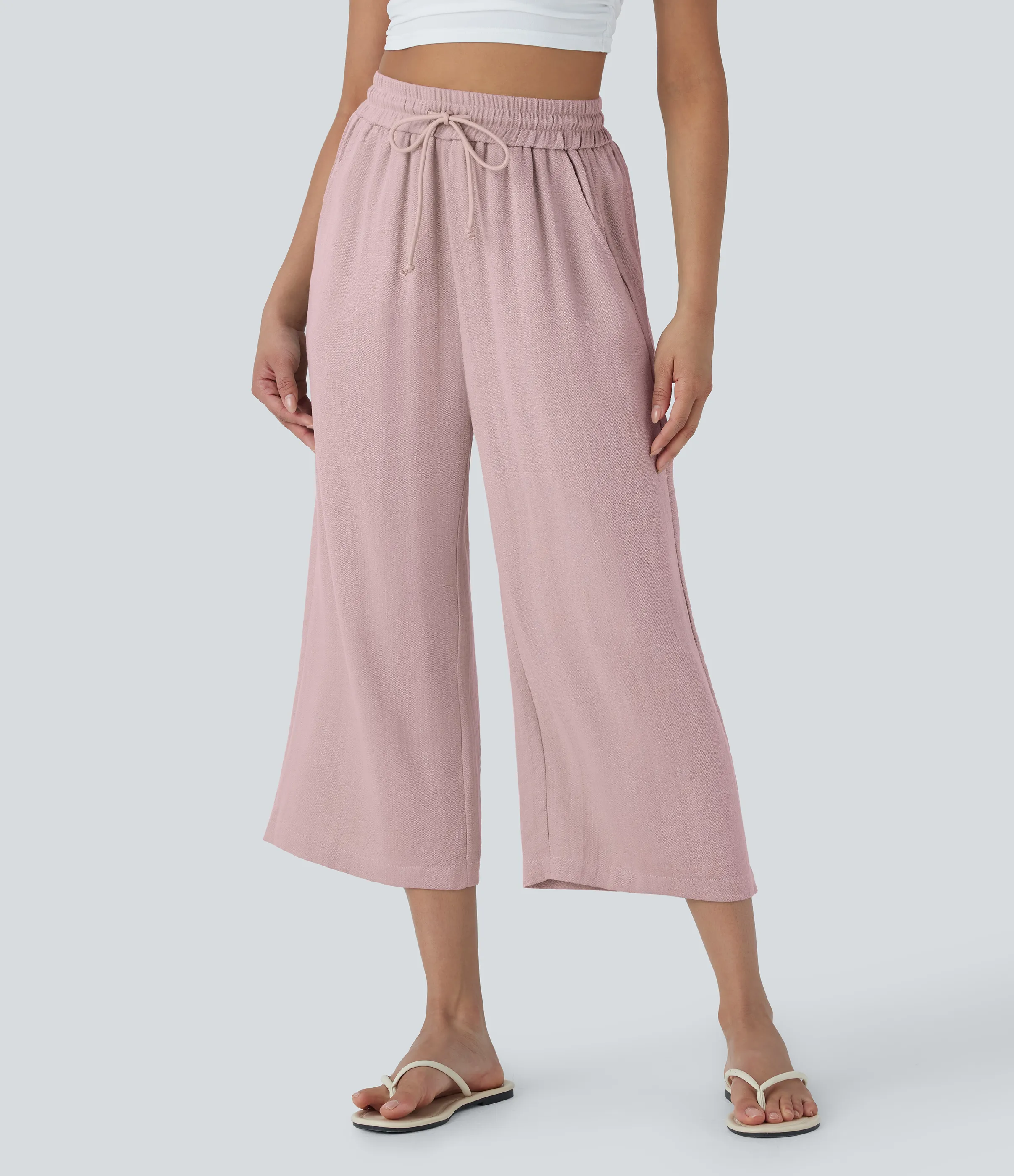 Halara Pantalón lino tiro alto cordón ajustable pierna ancha bolsillo lateral - Pinkesque - S(regular) sold by Halara