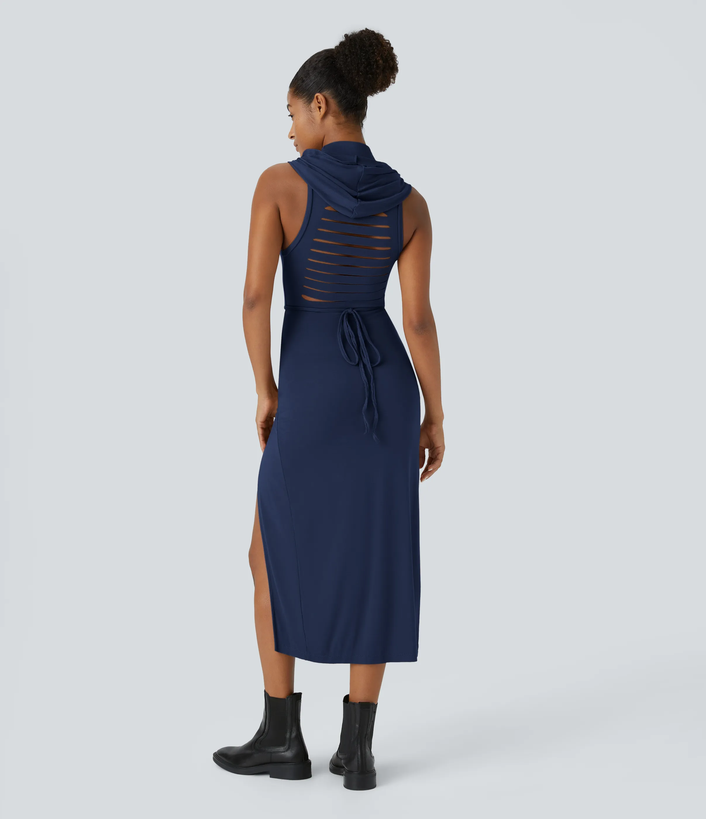 Halara Vestido media pierna 2 piezas abertura lazo espalda sin mangas cuello alto capucha canalé - Nightfall Blue - XS sold by Halara product image thumbnail 3