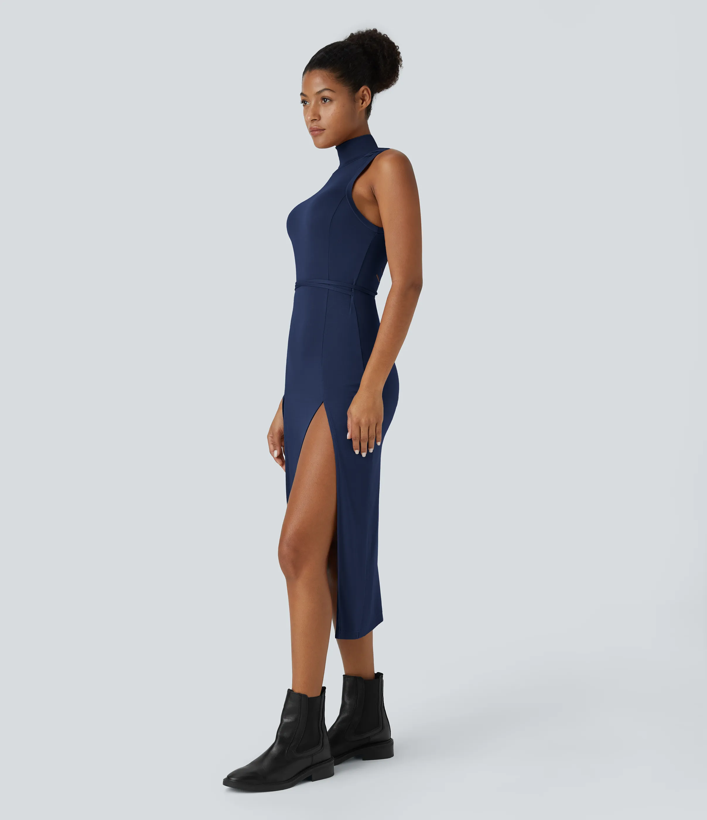 Halara Vestido media pierna 2 piezas abertura lazo espalda sin mangas cuello alto capucha canalé - Nightfall Blue - XS sold by Halara product image thumbnail 4