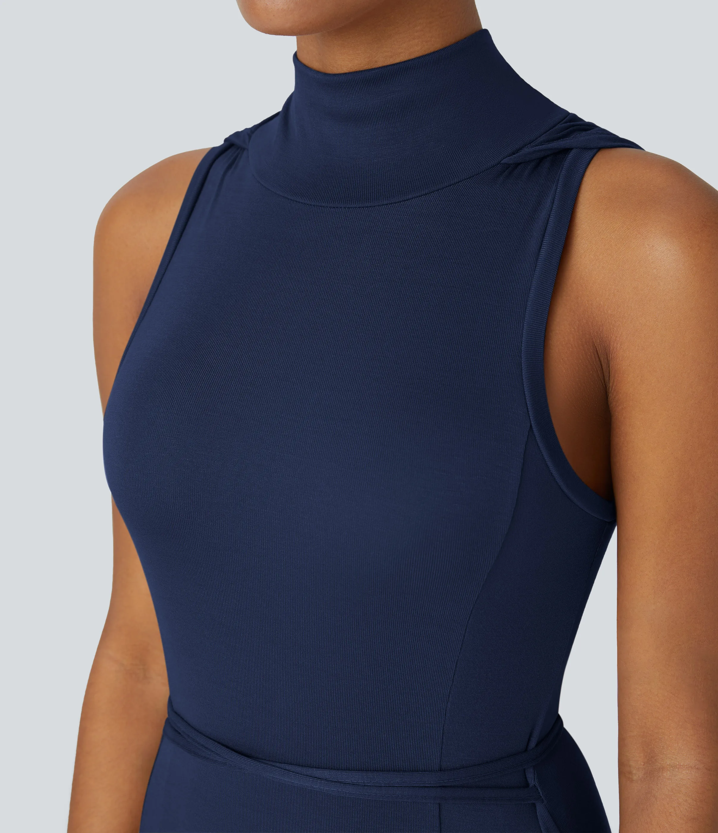 Halara Vestido media pierna 2 piezas abertura lazo espalda sin mangas cuello alto capucha canalé - Nightfall Blue - XS sold by Halara product image thumbnail 5