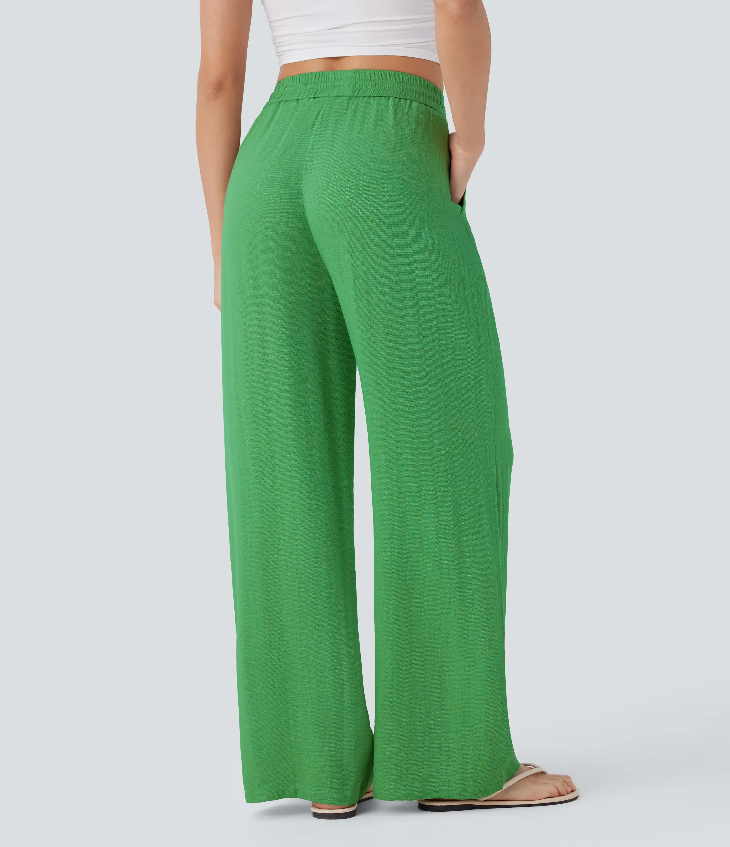 Halara Pantalón lino tiro alto cordón ajustable bolsillo lateral pierna ancha - Kelly Green - S(tall) sold by Halara product image thumbnail 3