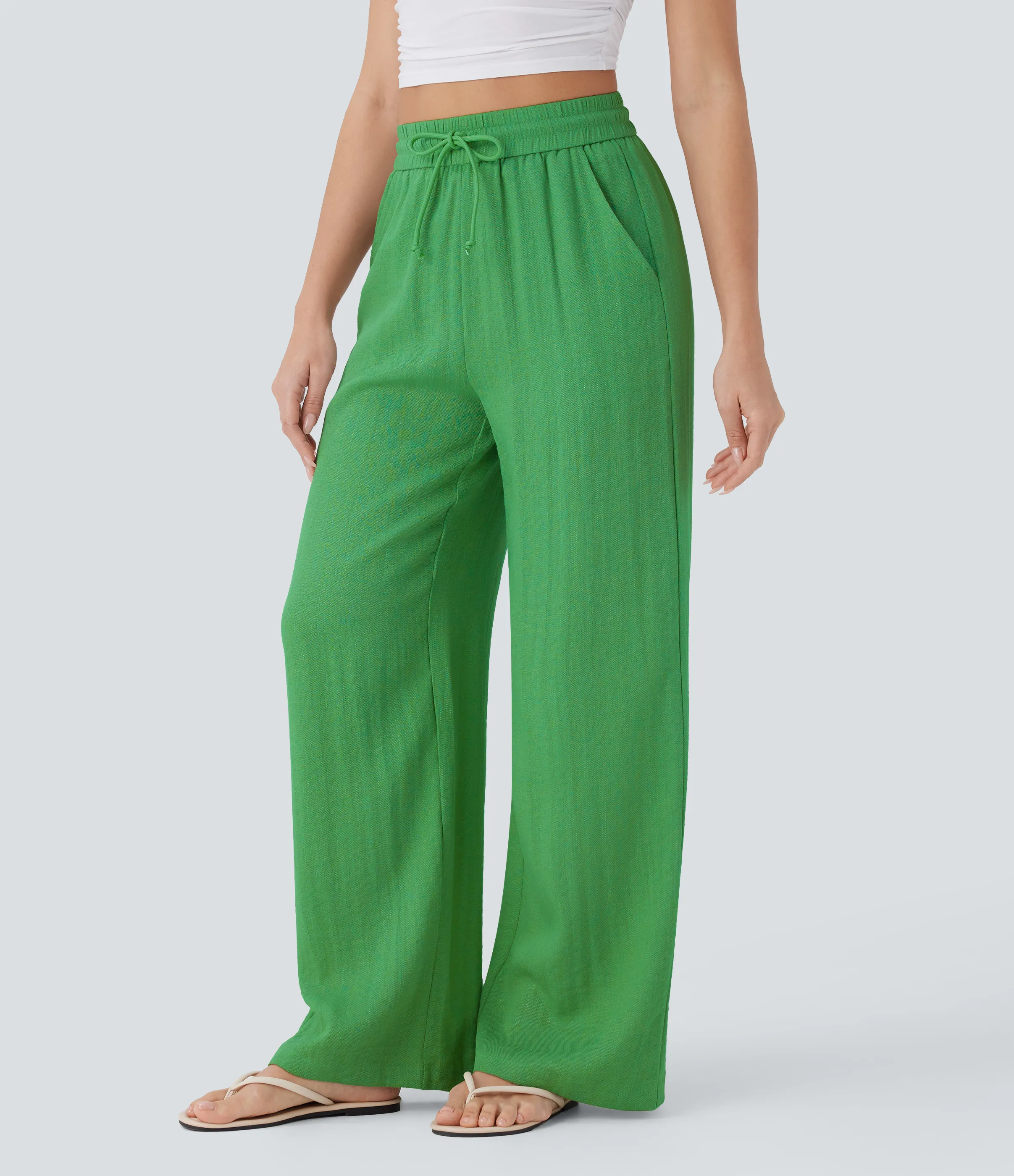 Halara Pantalón lino tiro alto cordón ajustable bolsillo lateral pierna ancha - Kelly Green - S(tall) sold by Halara product image thumbnail 4
