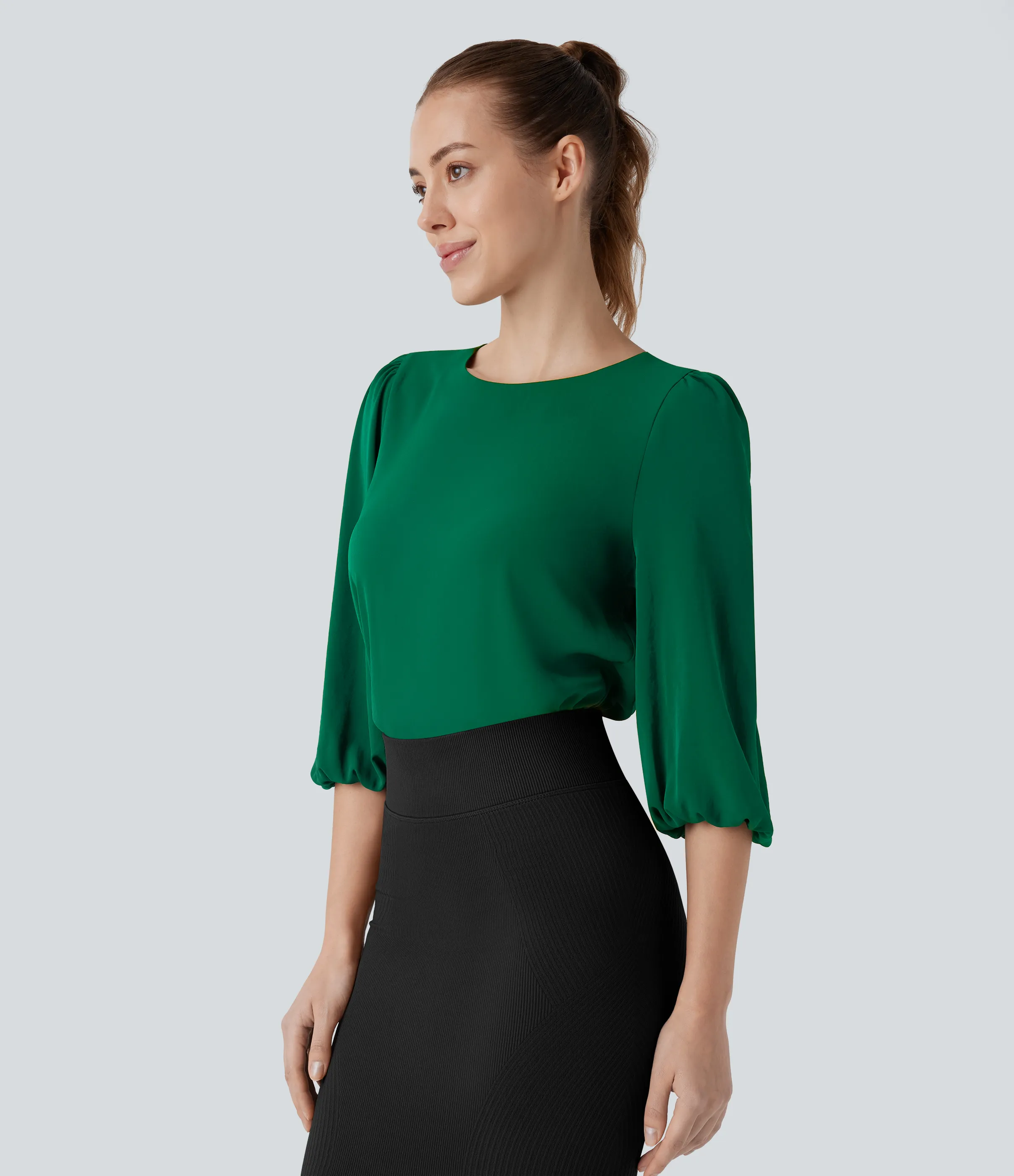 Halara Blusa oficina cuello barco abertura espalda manga obispo - Green Jacket - XL sold by Halara product image thumbnail 4