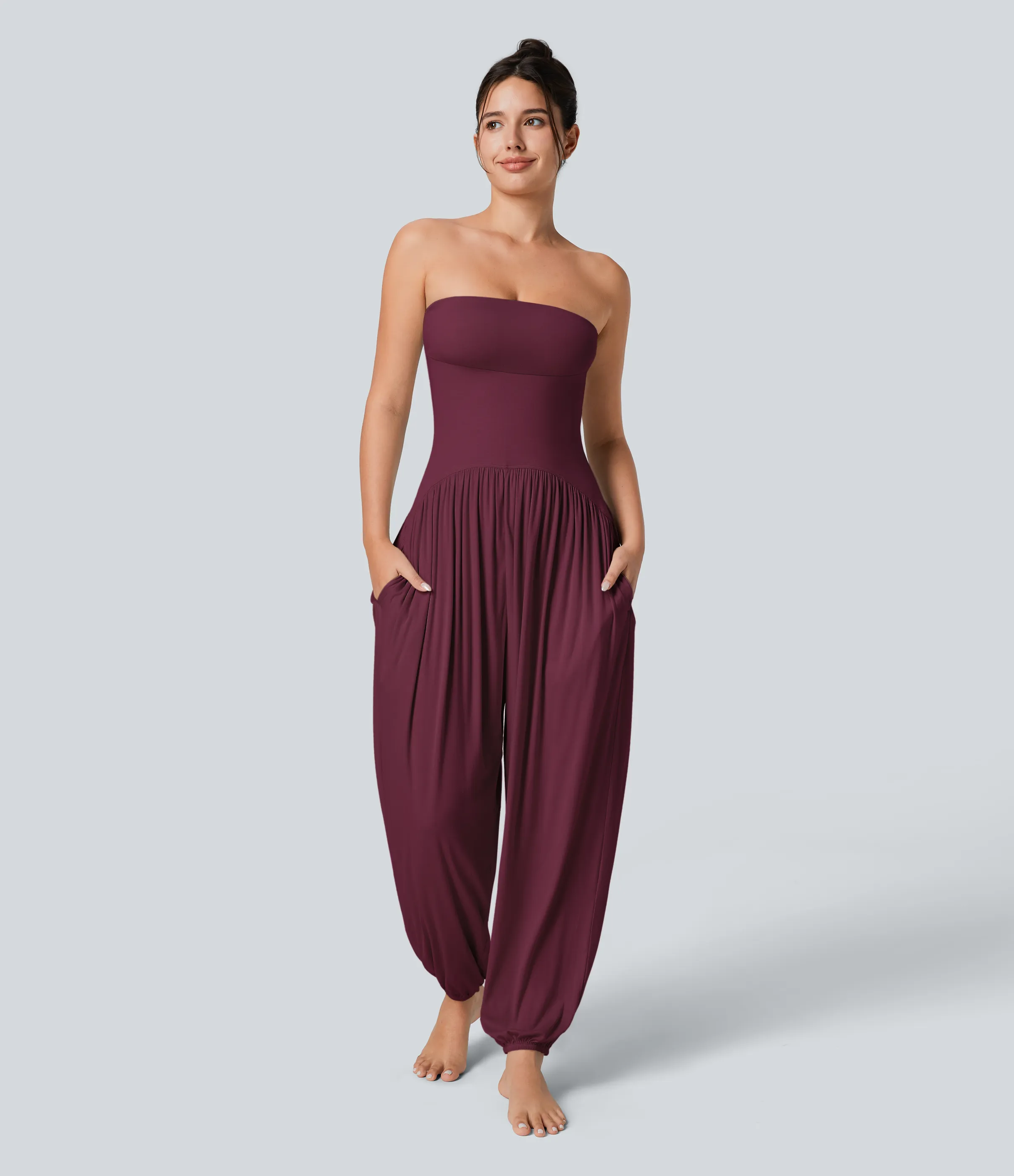 Halara Mono bolsillo lateral plisado sin espalda tubo acanalado - Maroon Banner - L(tall) sold by Halara product image thumbnail 2