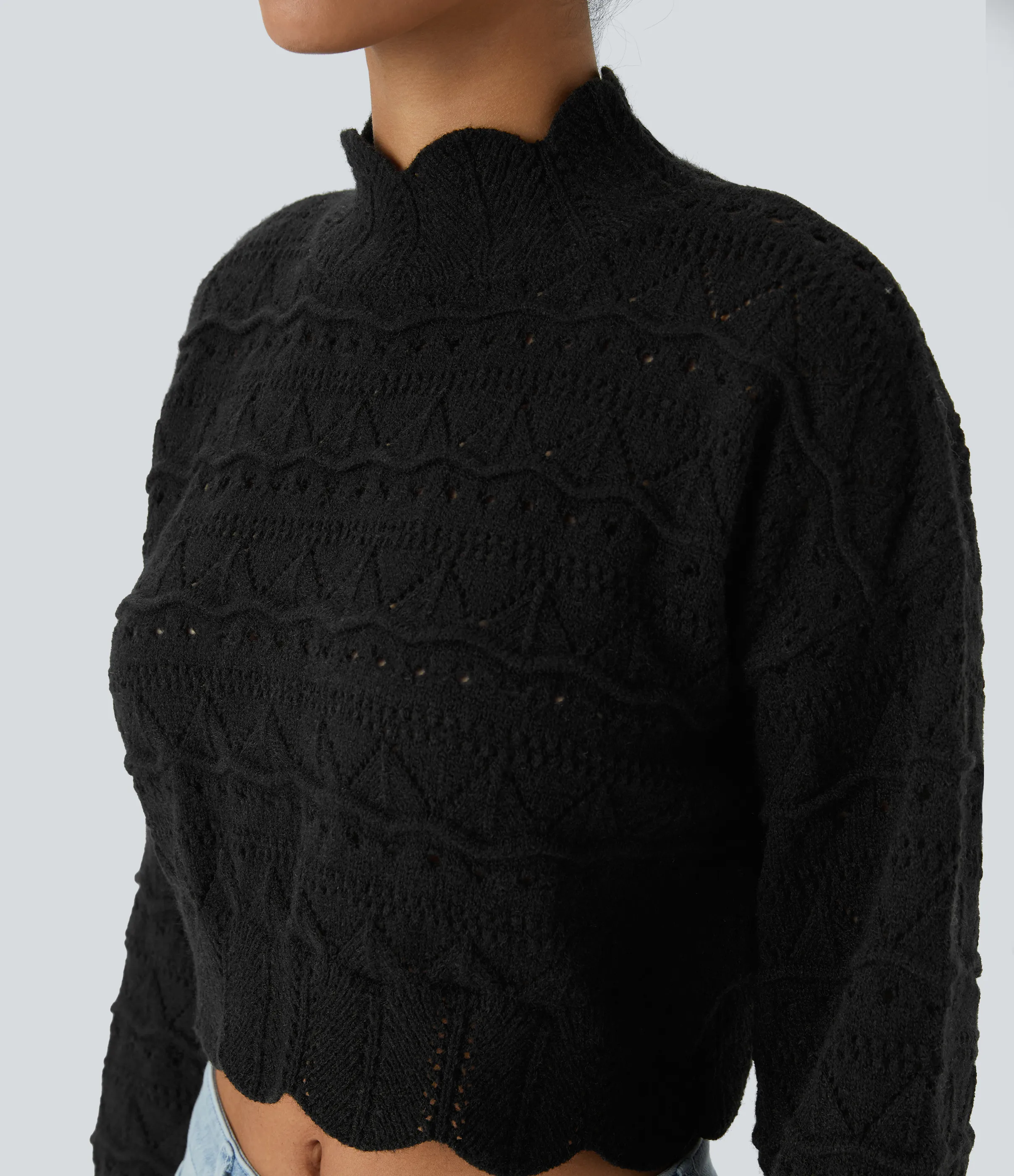Halara Suéter abierto dobladillo festoneado manga obispo cuello alto - Black - XS sold by Halara product image thumbnail 5