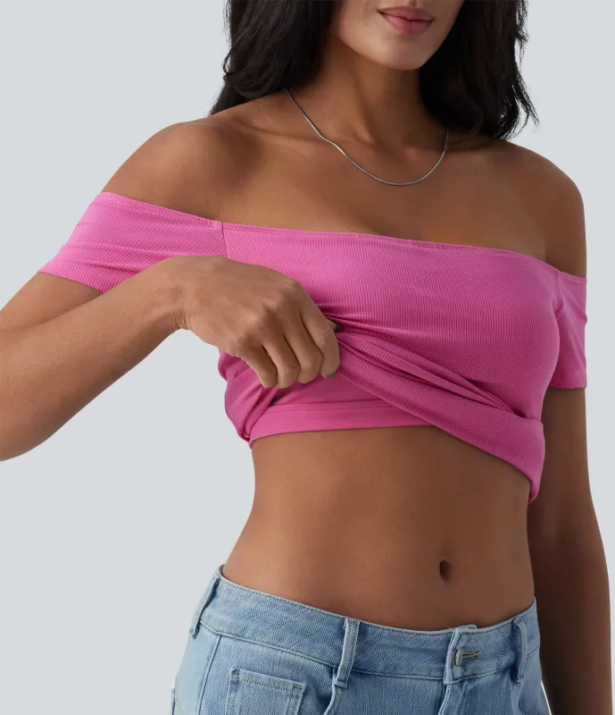 Halara Top informal 2 en 1 de punto acanalado con hombros descubiertos de manga corta y espalda descubierta - Lilac Rose - L made by Halara