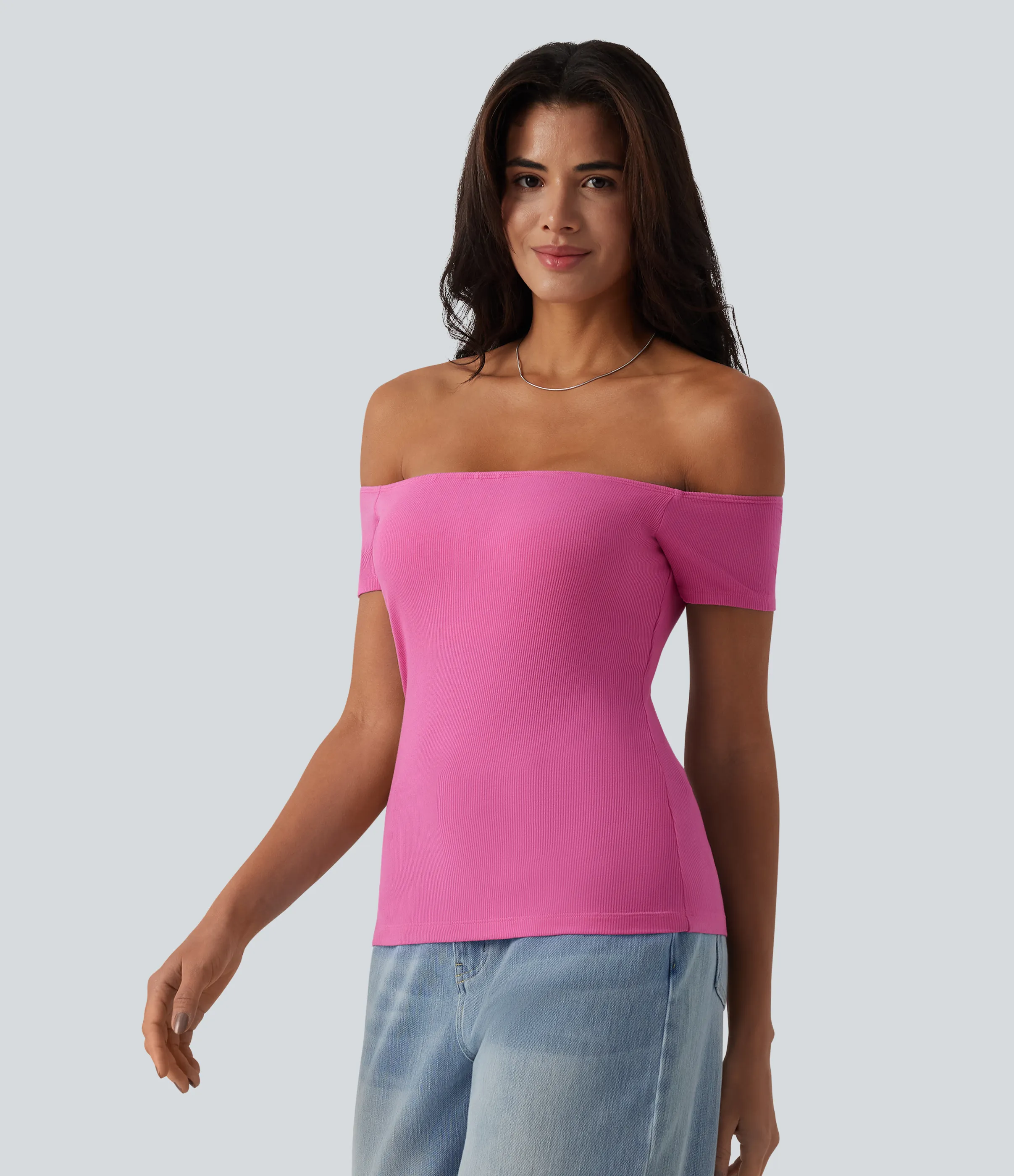 Halara Top informal 2 en 1 de punto acanalado con hombros descubiertos de manga corta y espalda descubierta - Lilac Rose - L sold by Halara product image thumbnail 3
