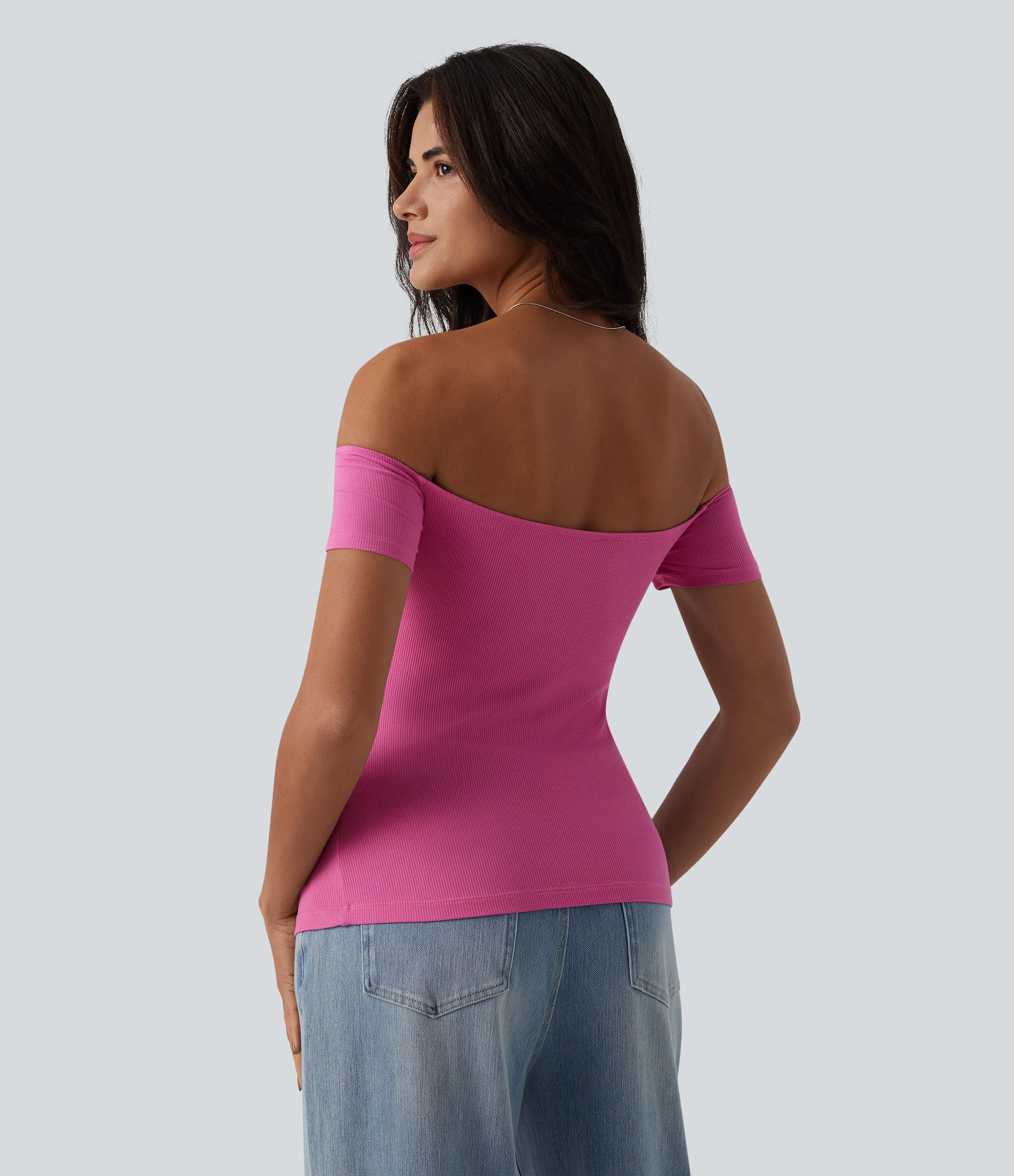 Halara Top informal 2 en 1 de punto acanalado con hombros descubiertos de manga corta y espalda descubierta - Lilac Rose - L sold by Halara product image thumbnail 4