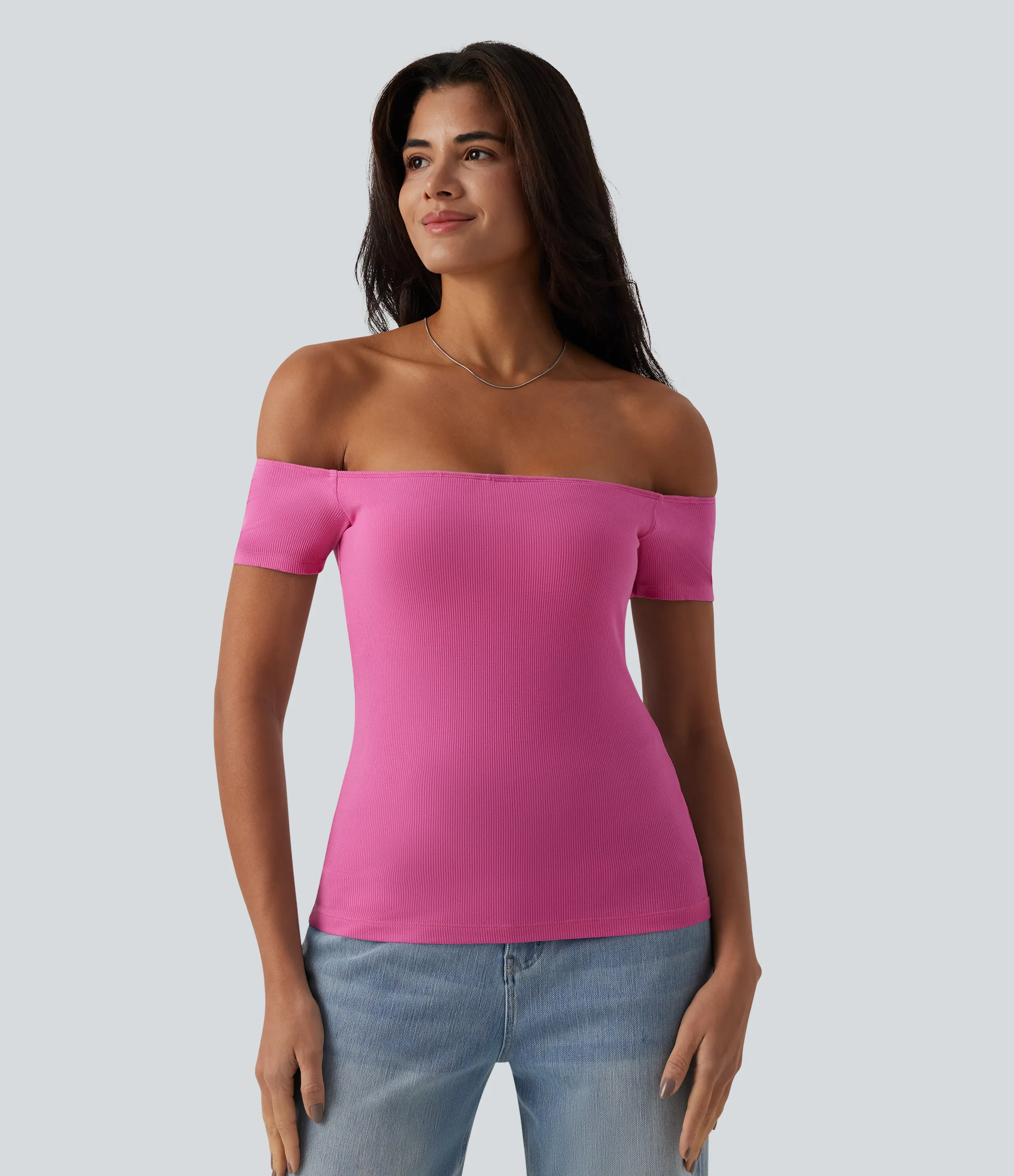 Halara Top informal 2 en 1 de punto acanalado con hombros descubiertos de manga corta y espalda descubierta - Lilac Rose - L sold by Halara product image thumbnail 5
