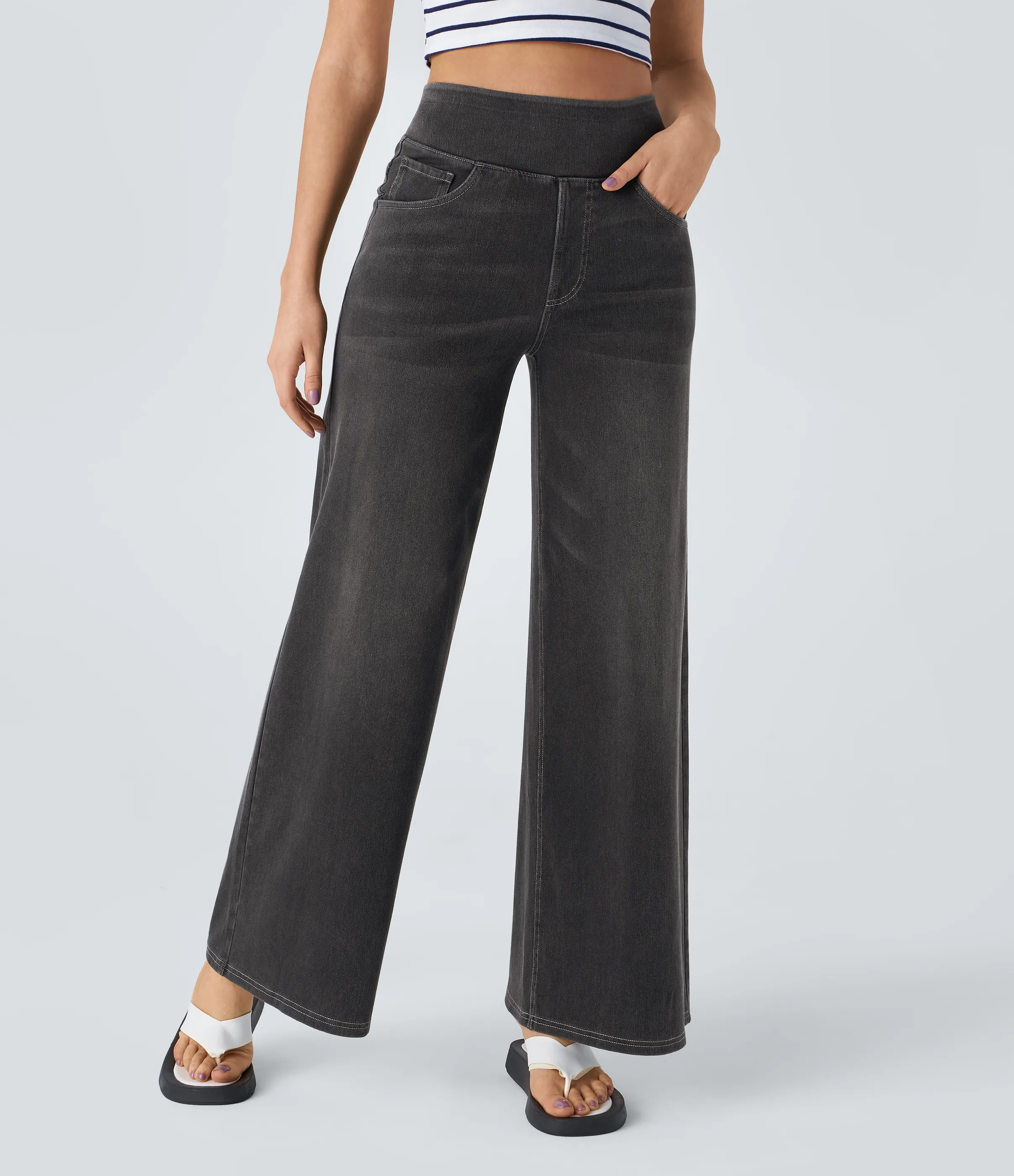 Halara Jeans Baggy Halara Flex™ Denim elástico lavado múltiple bolsillo tiro alto pierna ancha - Carbon Paint Denim - XL(extall) sold by Halara product image thumbnail 2