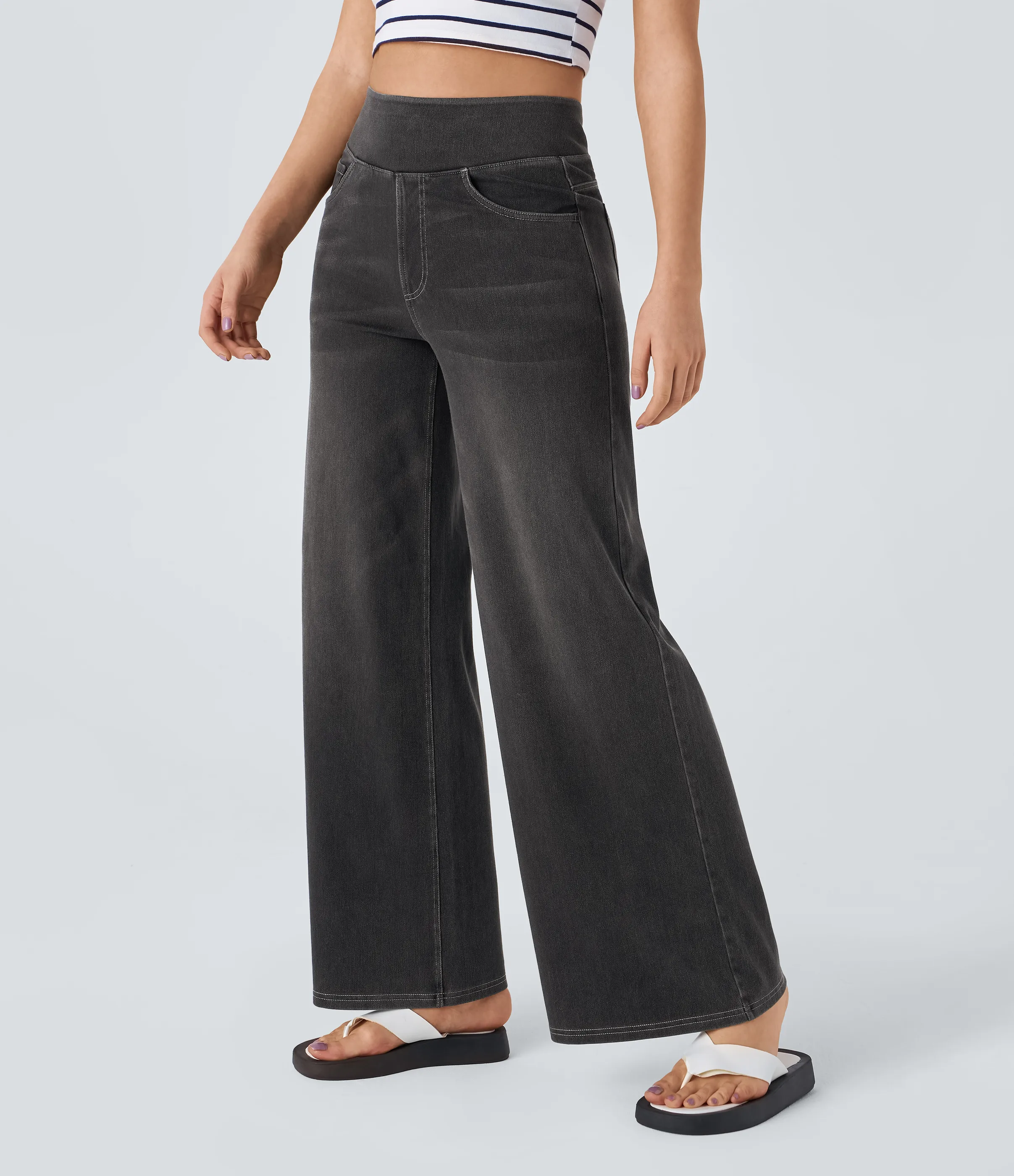 Halara Jeans Baggy Halara Flex™ Denim elástico lavado múltiple bolsillo tiro alto pierna ancha - Carbon Paint Denim - XL(extall) sold by Halara product image thumbnail 4