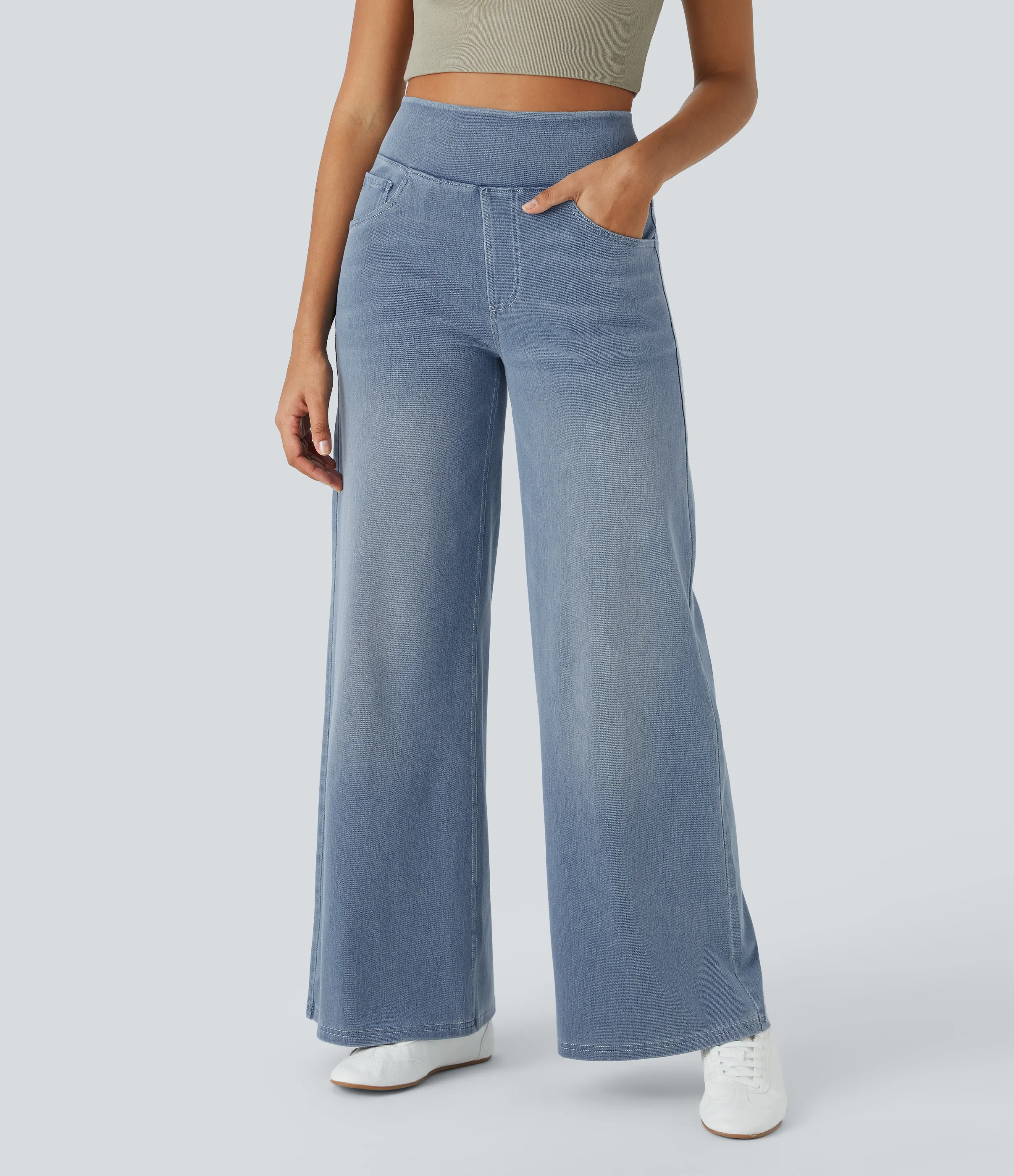 Halara Jeans Baggy Halara Flex™ Denim elástico lavado múltiple bolsillo tiro alto pierna ancha - Gray Blue Denim - L(extall) sold by Halara product image thumbnail 2