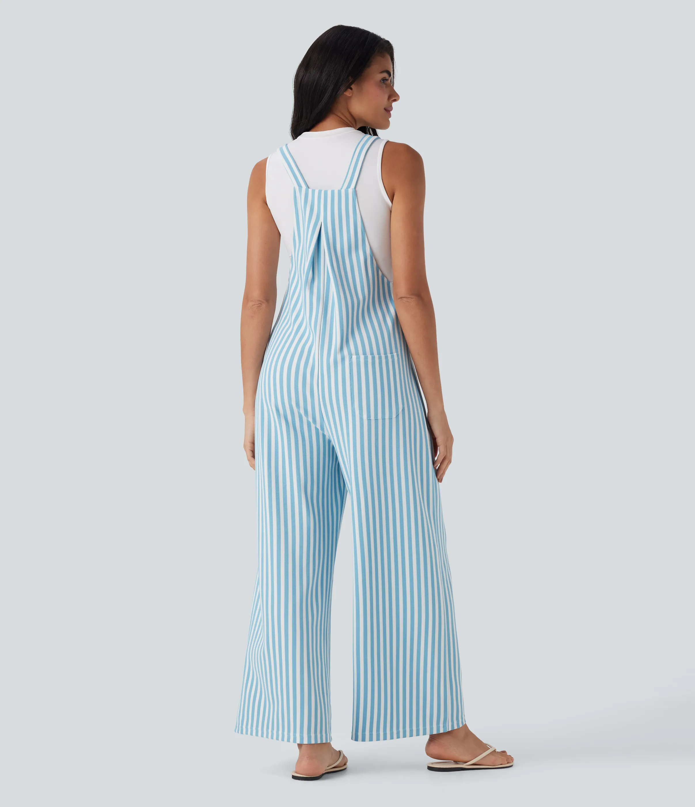 Halara Overol resort gofre raya múltiple bolsillo botón correa ajustable - Sky Stripe - L(regular) sold by Halara product image thumbnail 3