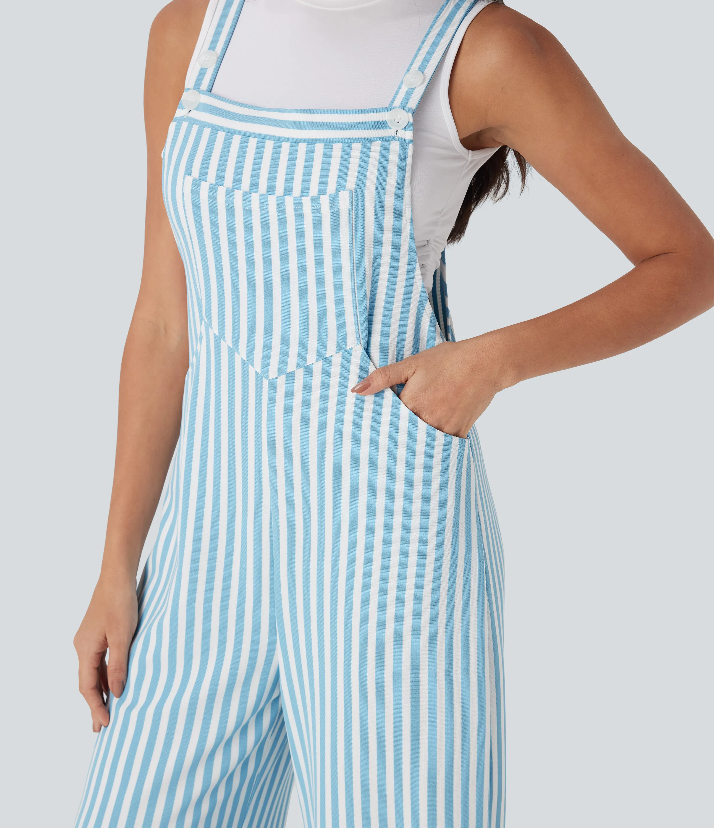 Halara Overol resort gofre raya múltiple bolsillo botón correa ajustable - Sky Stripe - L(regular) sold by Halara product image thumbnail 5