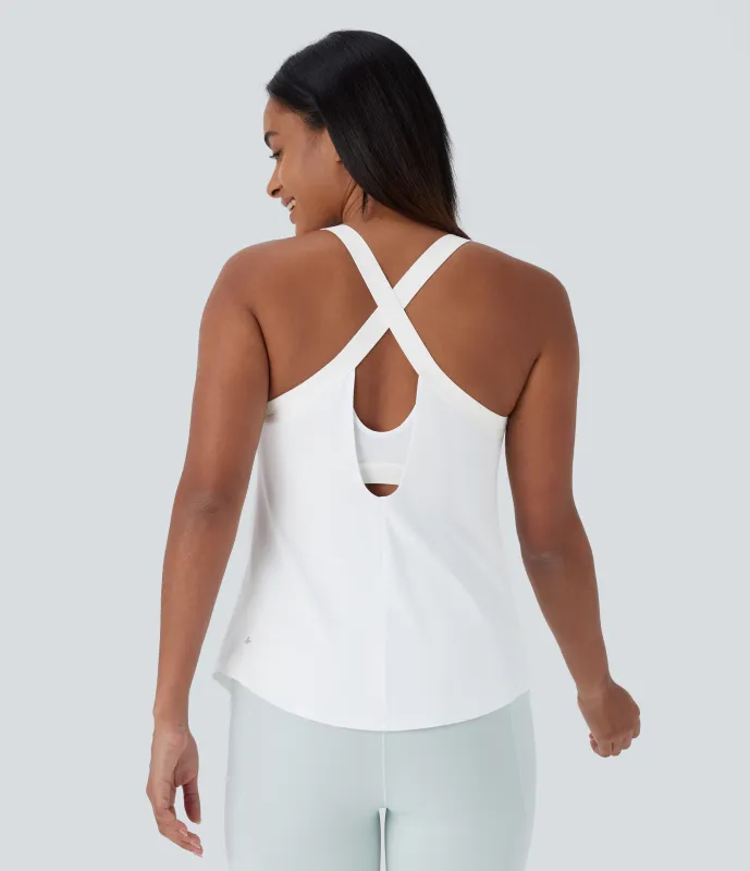 Halara Camiseta yoga sin mangas cuello U sin espalda entrecruzada dobladillo curvo tacto fresco - UPF50+ - White - XS made by Halara
