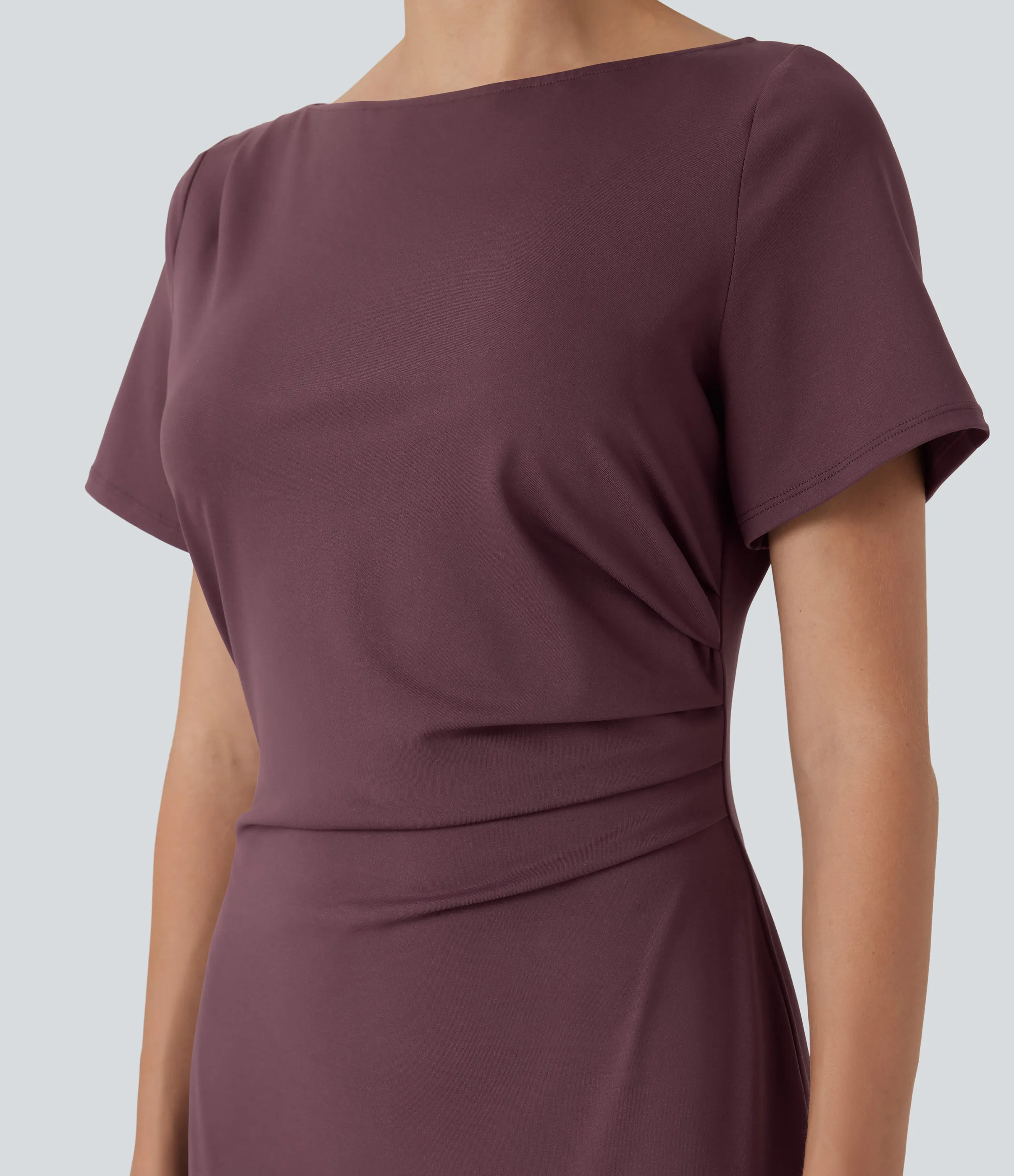 Halara Vestido de oficina midi de manga corta con fruncido - Plum Wine - S sold by Halara product image thumbnail 5