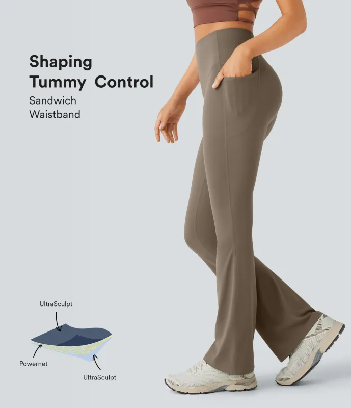 Halara Leggings SoCinched UltraSculpt yoga Bootcut tiro alto control abdomen bolsillo lateral moldeador - Dawn Brown - XL(expetite) made by Halara