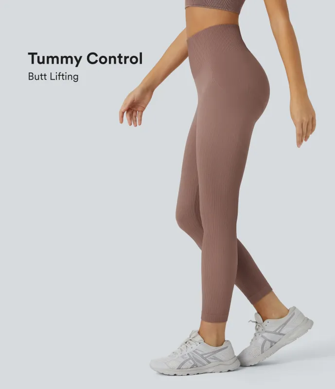 Halara Leggings de entrenamiento acanalados con tiro alto suaves y sin costuras con control de abomen y push-up - Autumn Brown - XL(7/8) made by Halara