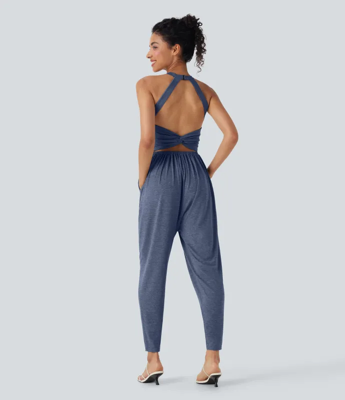 Halara Jumpsuit casual tipo harem con escote en U y bolsillos edición Easy Peezy en copas D-F - Mottled Indigo - M(regular) made by Halara