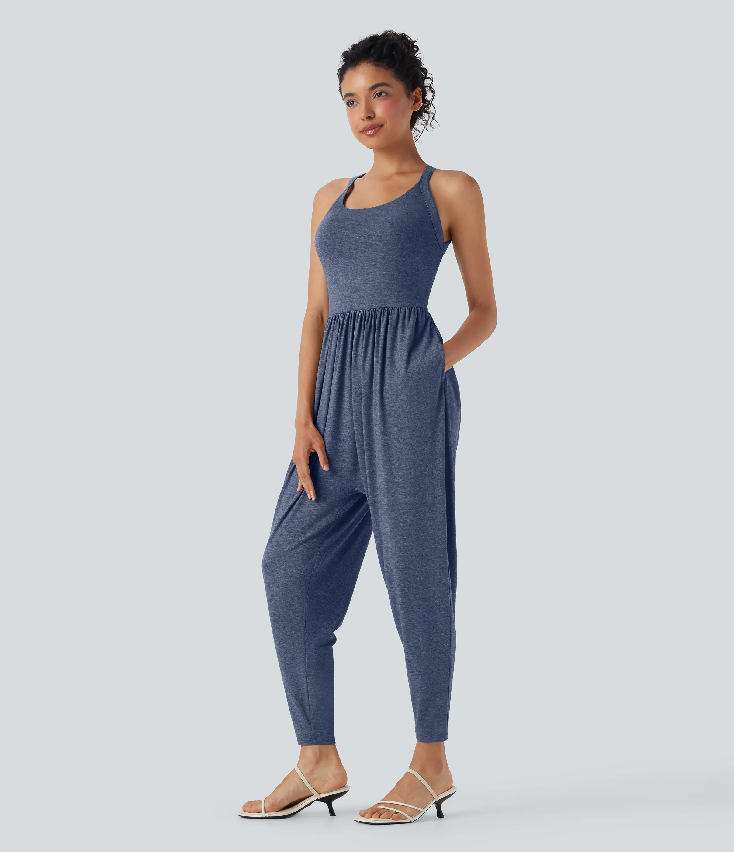 Halara Jumpsuit casual tipo harem con escote en U y bolsillos edición Easy Peezy en copas D-F - Mottled Indigo - M(regular) sold by Halara product image thumbnail 4