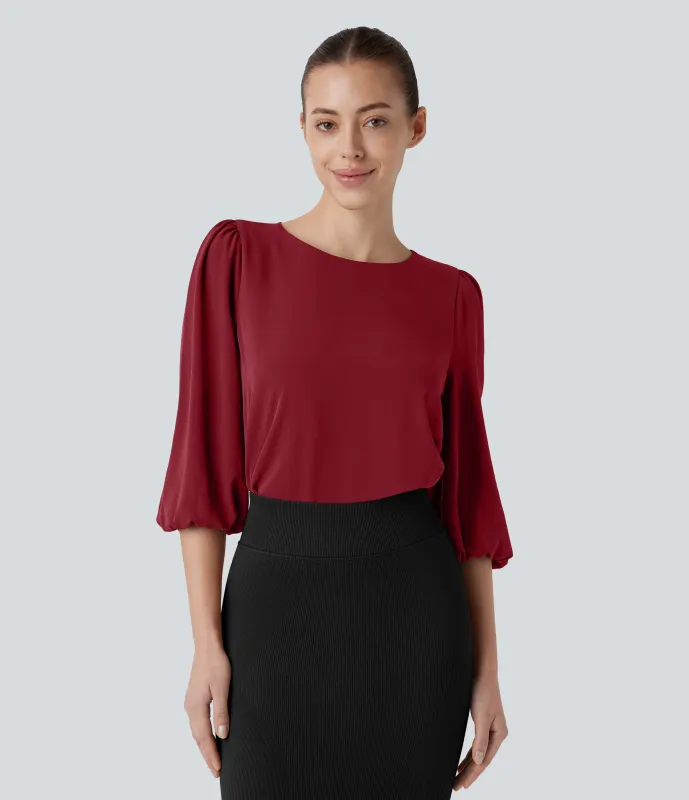 Halara Blusa oficina cuello barco abertura espalda manga obispo - Biking Red - XL made by Halara