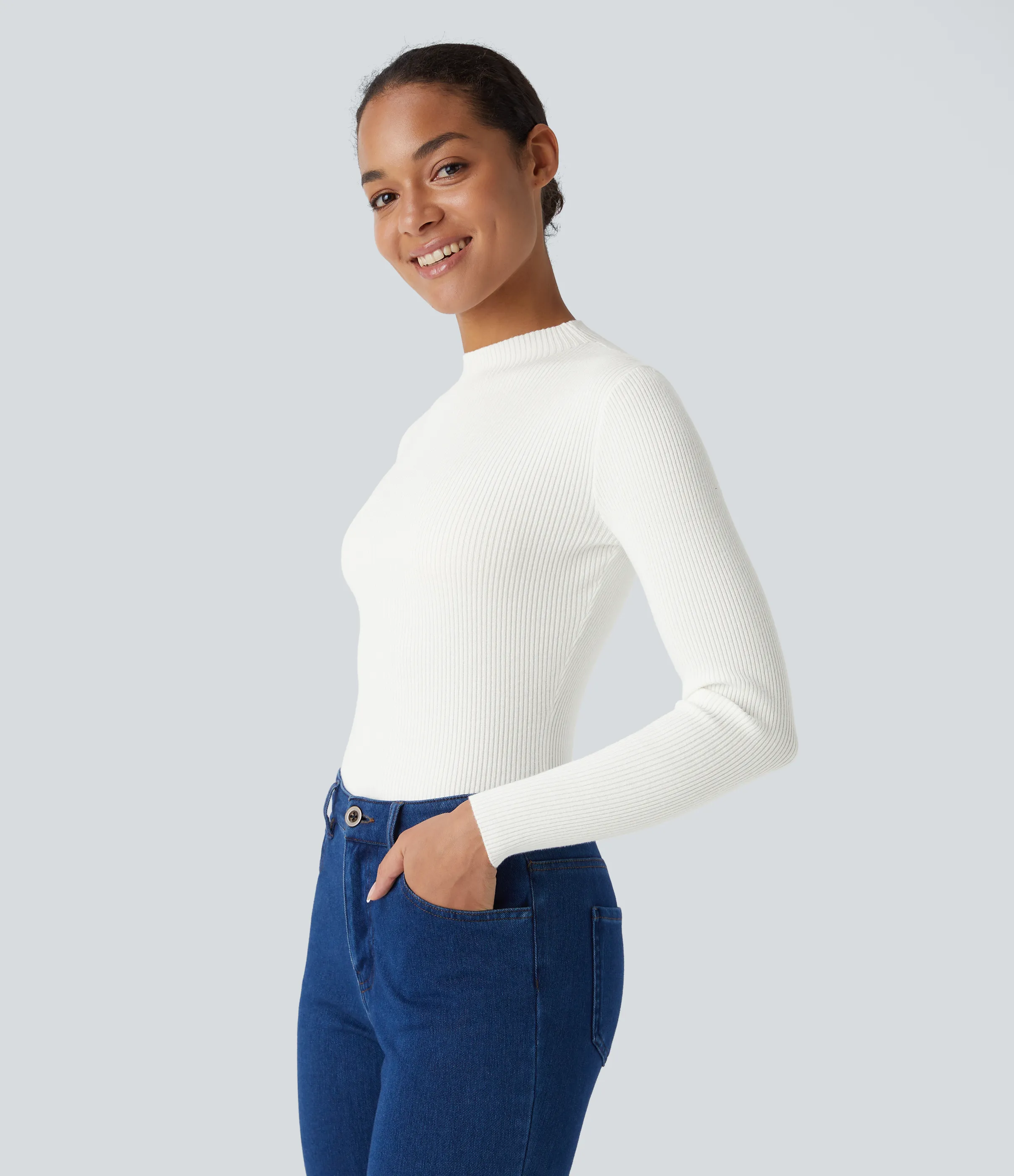 Halara Suéter manga larga cuello redondo acanalado - White - L sold by Halara product image thumbnail 4