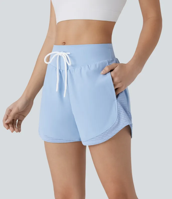 Halara Pantalón corto correr tiro alto cordón ajustable bolsillo lateral corte dobladillo curvo tacto fresco secado rápido 7.5cm - Sky Blue - L made by Halara