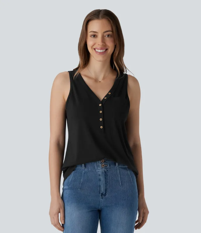 Halara Blusa sin mangas cuello V botón decorativo - Black - S made by Halara