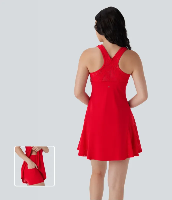 Halara Vestido deportivo mini de 2 piezas Softlyzero™ Airy UPF50+ con encaje en contraste para yoga de tacto fresco con bolsillo  - Mars Red - S made by Halara