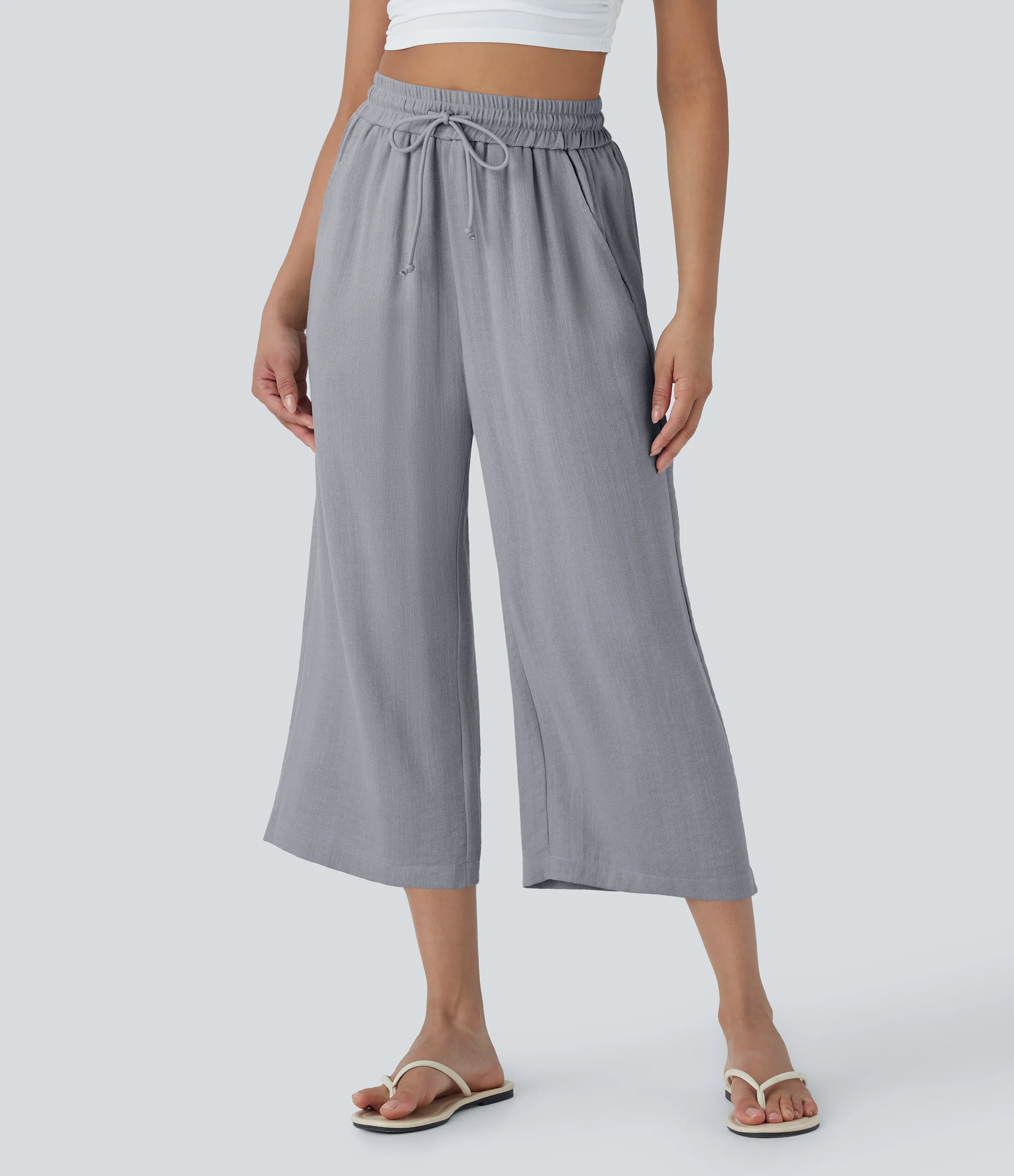 Halara Pantalón lino tiro alto cordón ajustable pierna ancha bolsillo lateral - Steel Gray - XL(regular) sold by Halara product image thumbnail 2