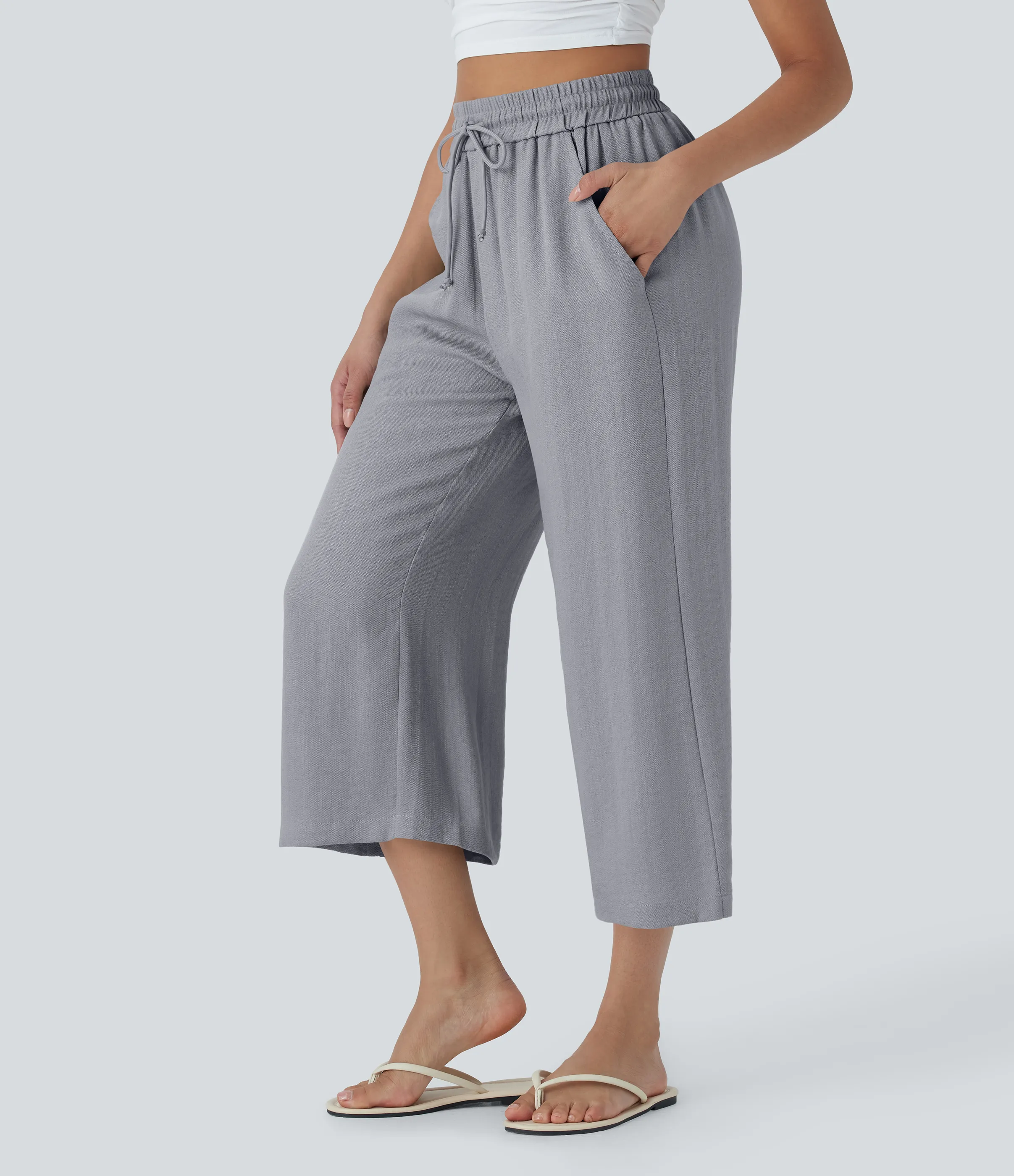 Halara Pantalón lino tiro alto cordón ajustable pierna ancha bolsillo lateral - Steel Gray - XL(regular) sold by Halara product image thumbnail 4