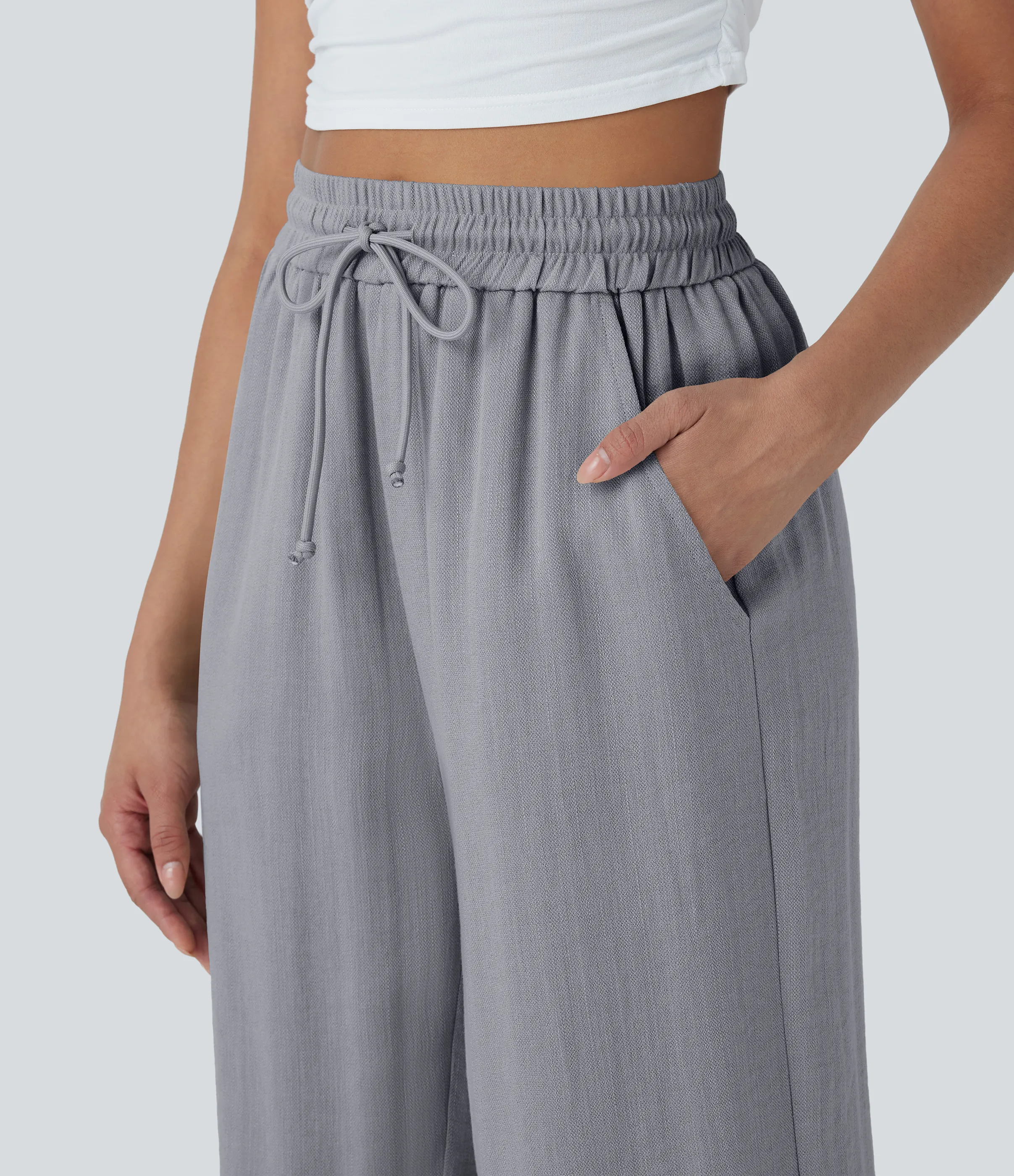 Halara Pantalón lino tiro alto cordón ajustable pierna ancha bolsillo lateral - Steel Gray - XL(regular) sold by Halara product image thumbnail 5