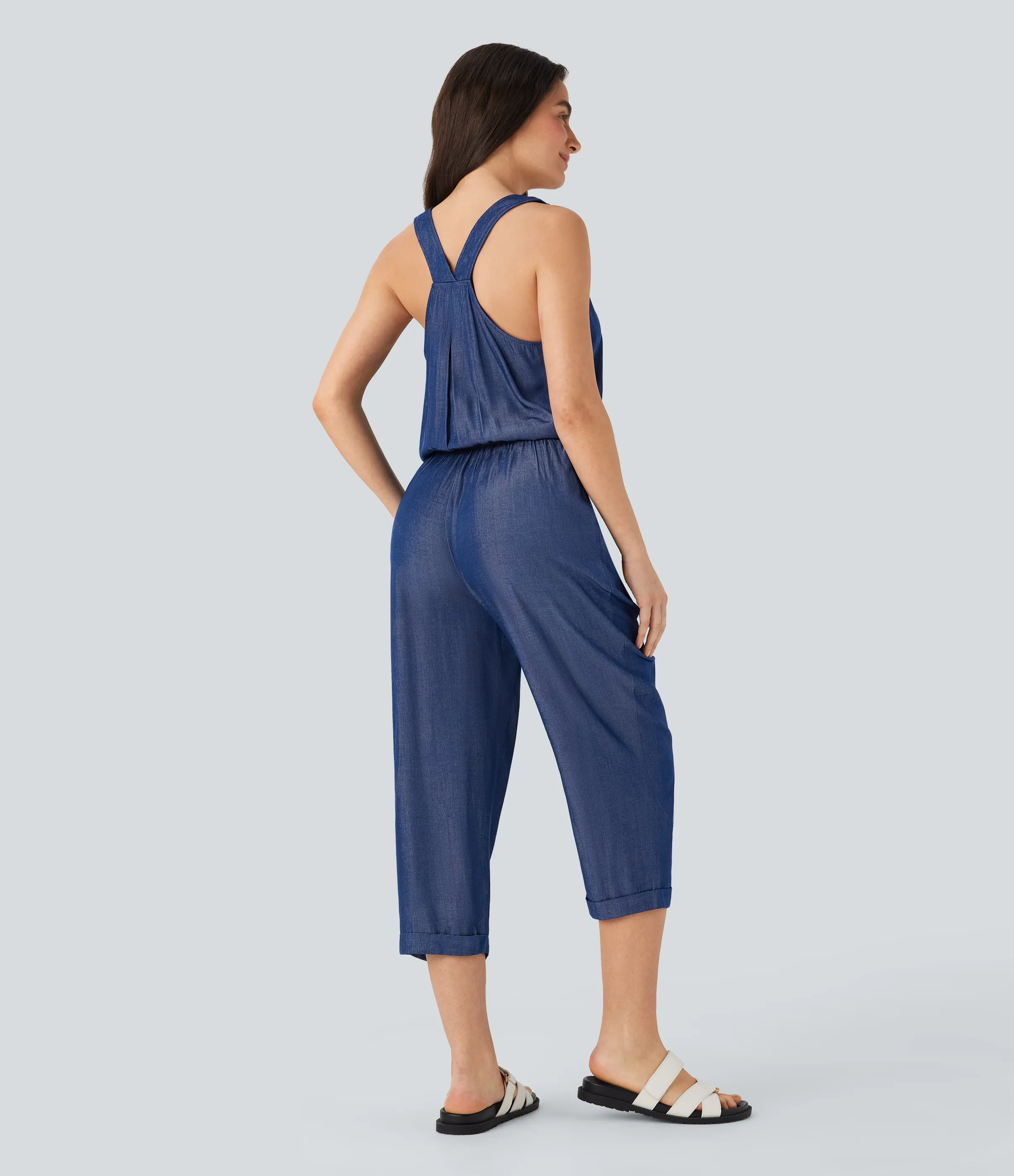 Halara Mono casual ajustado estilo vaquero con cordón, botones y espalda descubierta con múltiples bolsillos - Denim Deep Sea Blue - M sold by Halara product image thumbnail 3