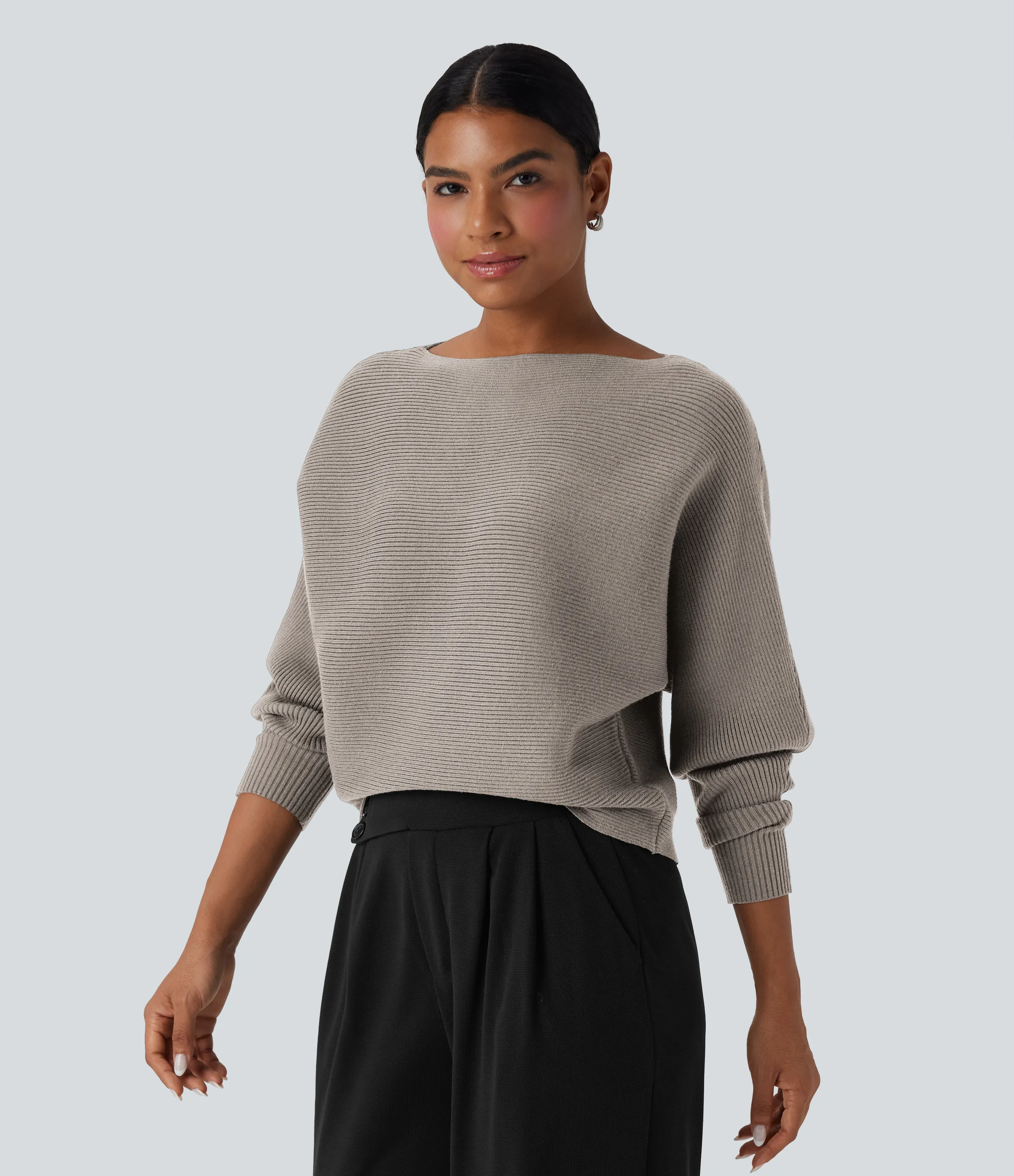 Halara Suéter casual con cuello barco y mangas murciélago - Chateau Gray - M sold by Halara product image thumbnail 4