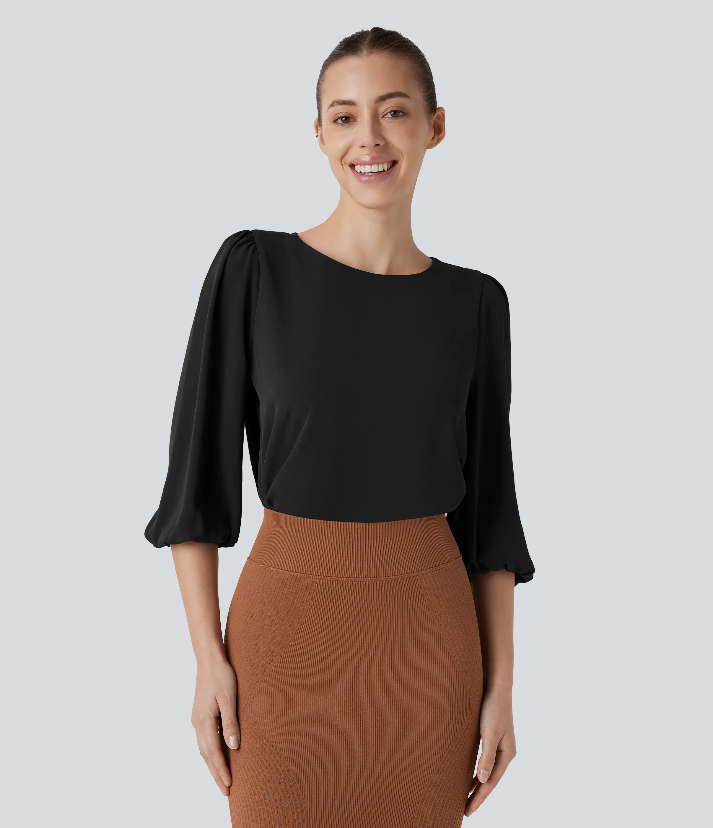 Halara Blusa oficina cuello barco abertura espalda manga obispo - Black - XL sold by Halara product image thumbnail 2