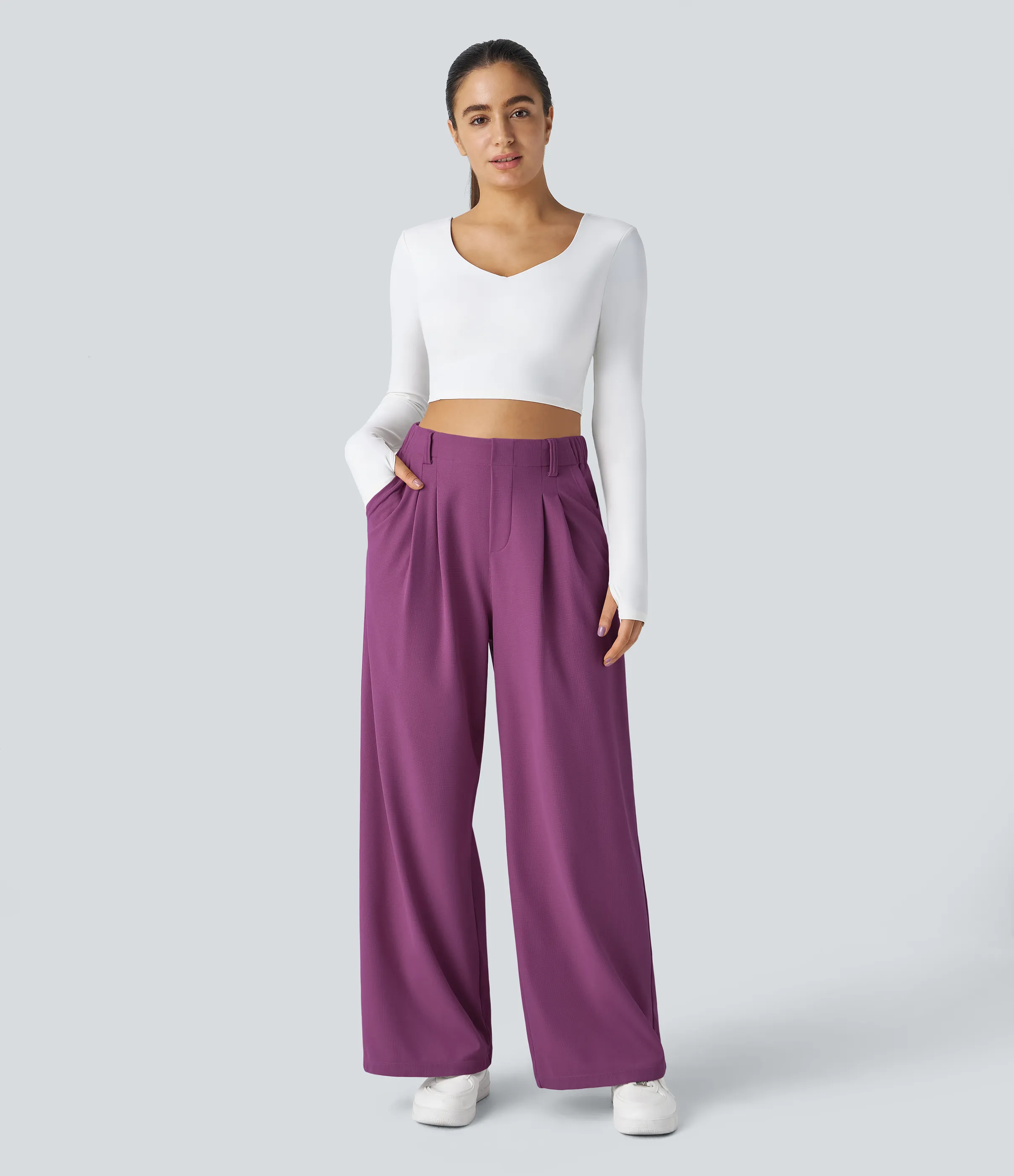 Halara Pantalones Halara Flex™ de oficina anchos plisados de tiro alto con bolsillos en tela tipo gofre - Meadow Mauve - S(regular) sold by Halara product image thumbnail 4