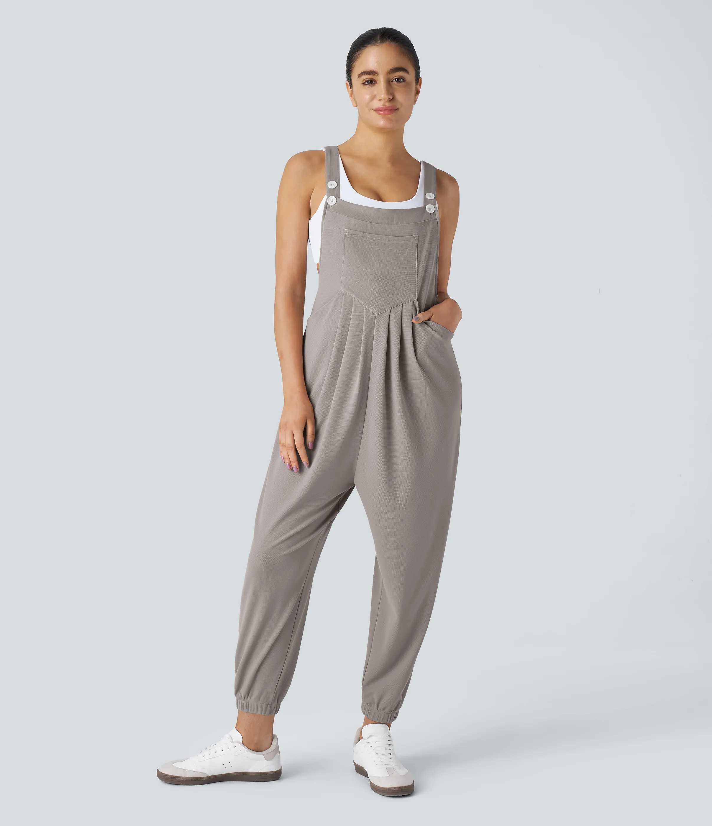 Halara Overol jogger botón correa ajustable bolsillo múltiple gofre plisado - Mink Ash - L(tall) sold by Halara