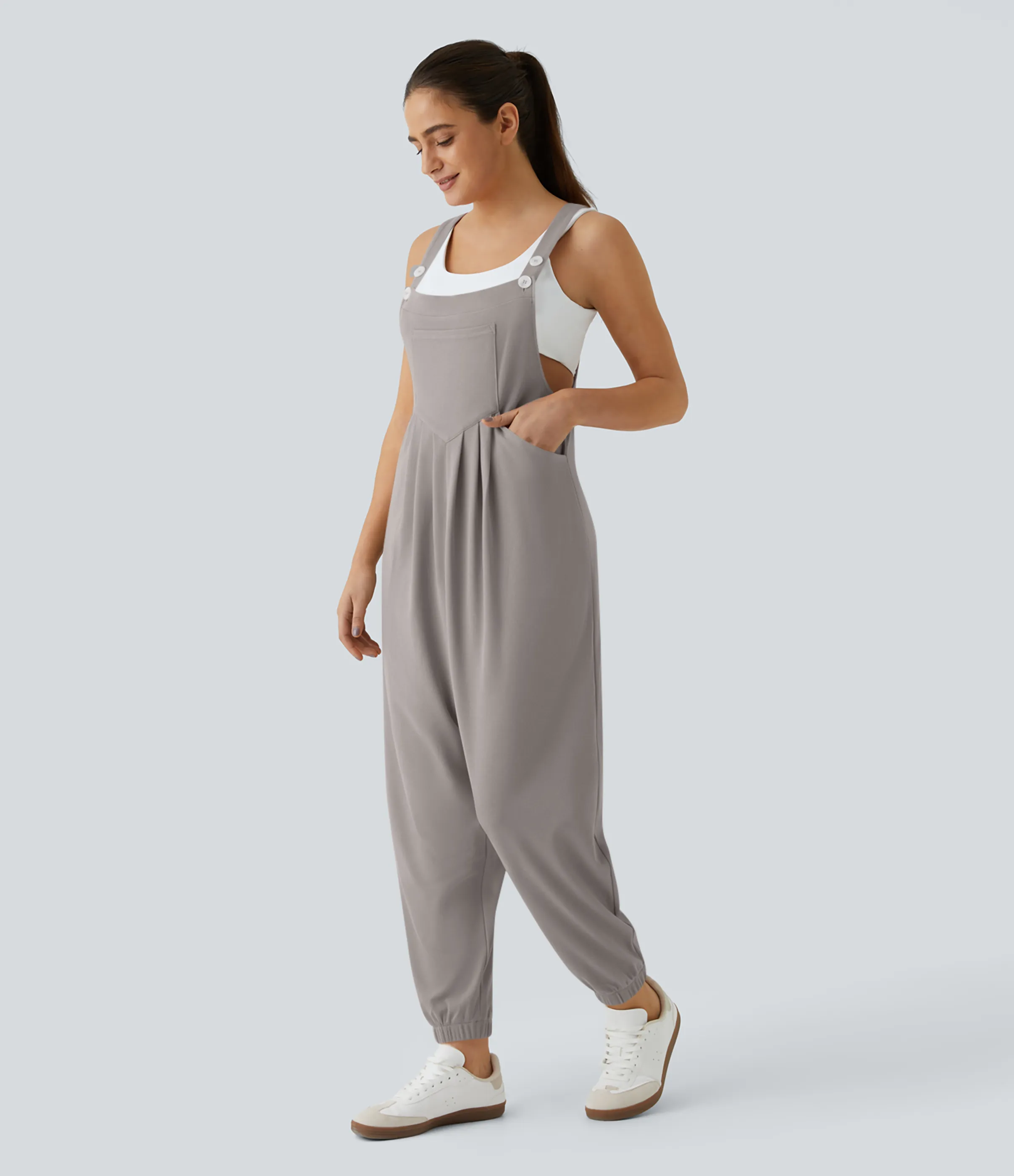 Halara Overol jogger botón correa ajustable bolsillo múltiple gofre plisado - Mink Ash - L(tall) sold by Halara product image thumbnail 4