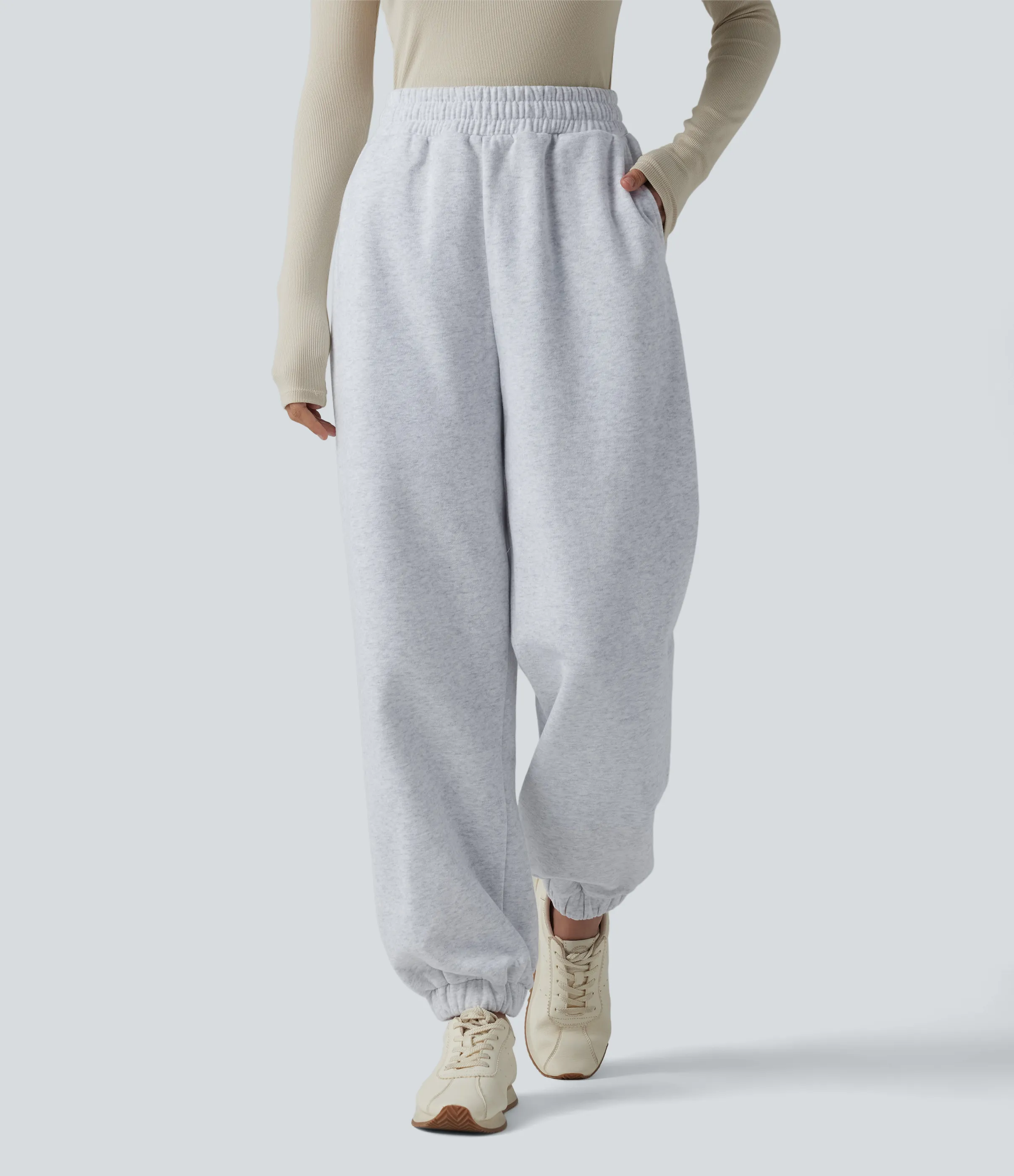Halara Joggers casuales de polar con tiro alto, cordón ajustable y bolsillos - Heather Misty Gray - M(regular) sold by Halara product image thumbnail 3