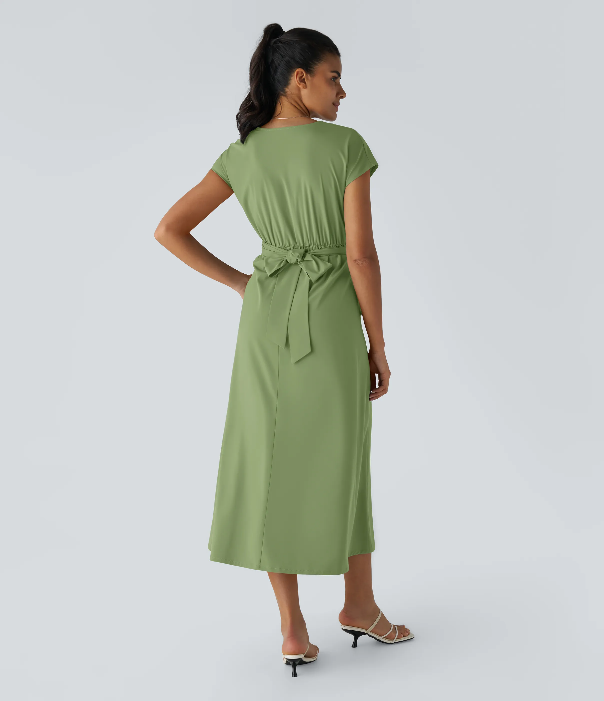 Halara Vestido midi Breezeful™ secado rápido cuello V manga corta bolsillo lateral lazo espalda - Hot Wasabi - Green - XL sold by Halara product image thumbnail 3