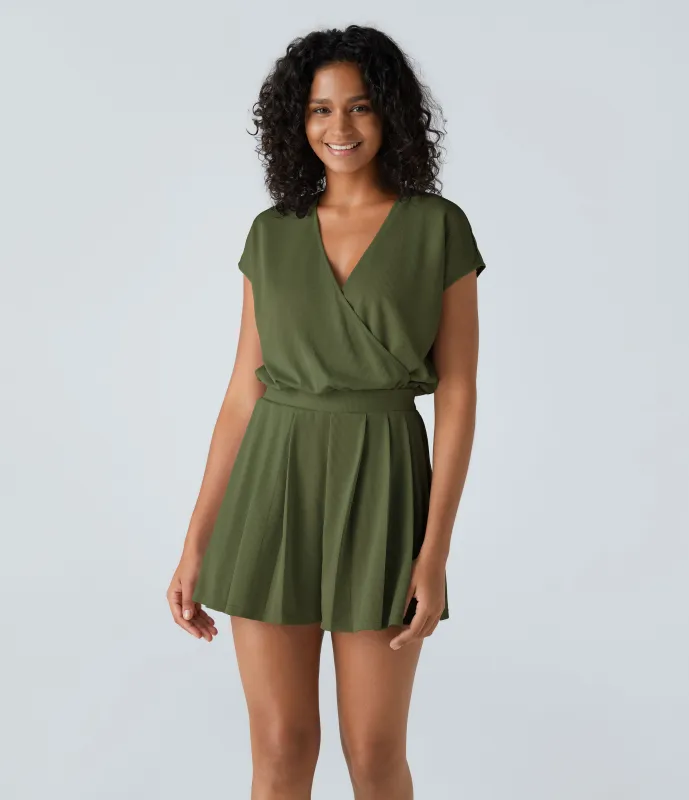 Halara Mono de manga corta casual con cuello en V y bolsillos laterales en tela gofre - Sphagnum - S made by Halara