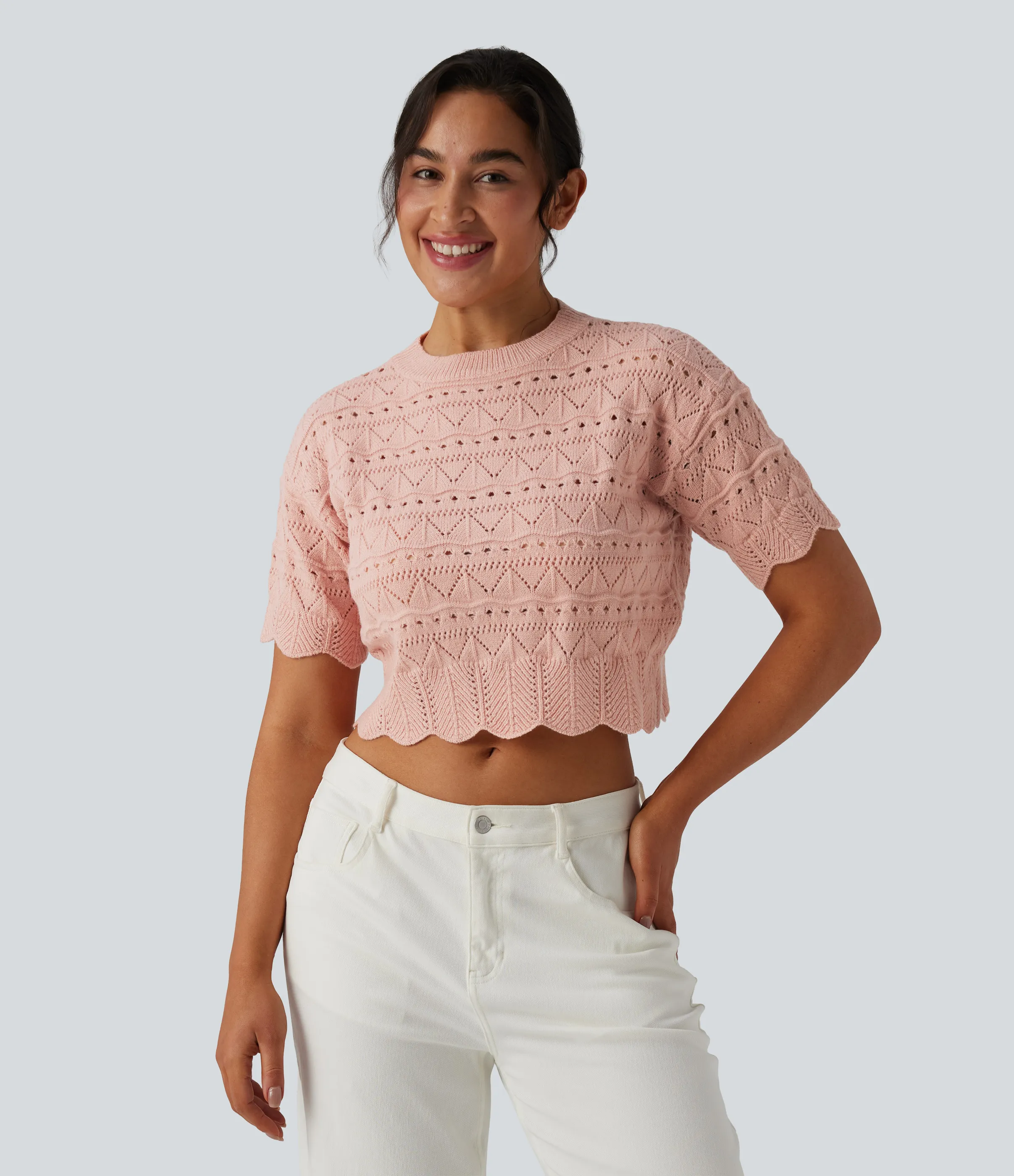 Halara Suéter abierto dobladillo festoneado manga corta cuello redondo - Silver Peony - S sold by Halara