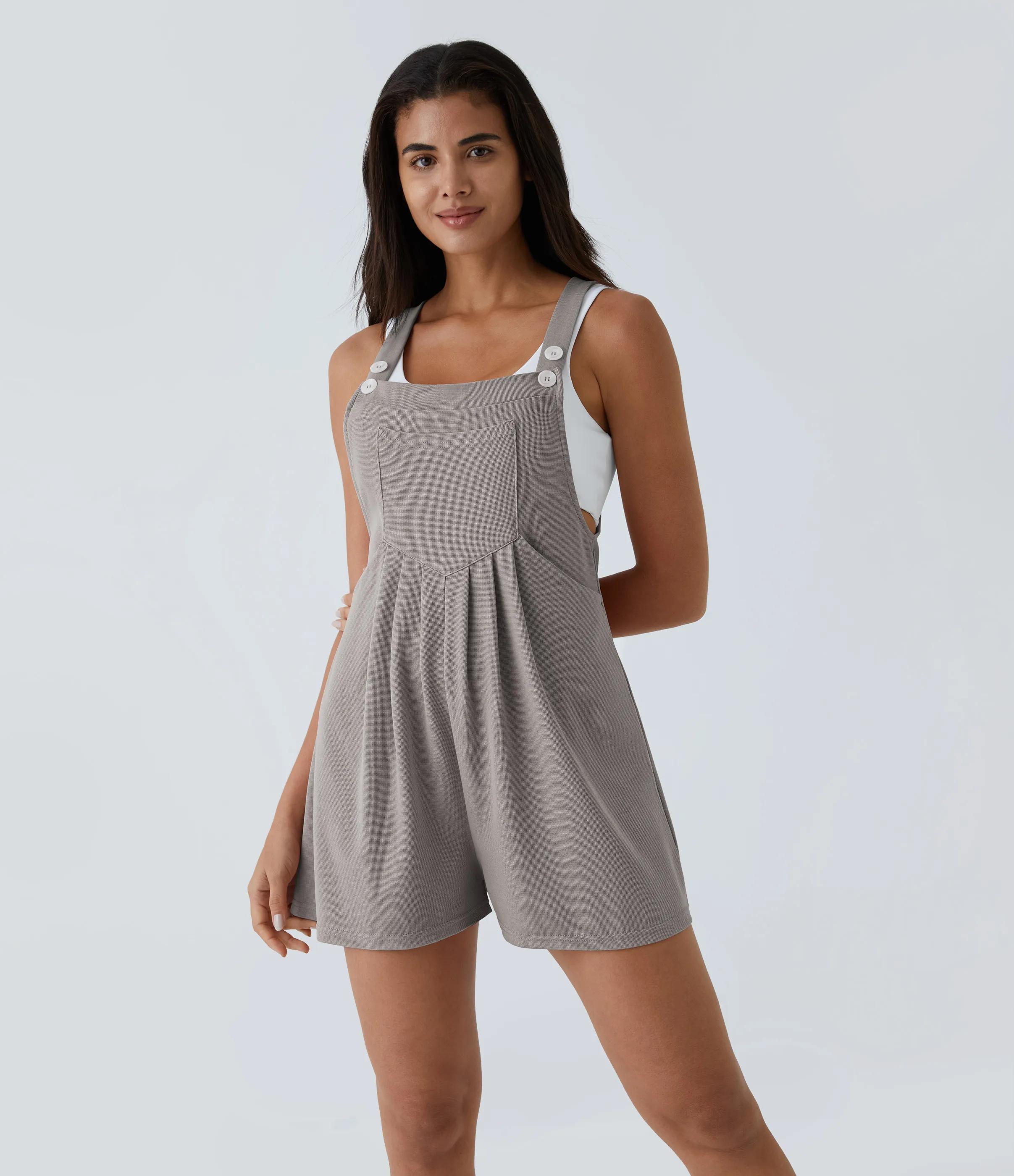 Halara Overol botón correa ajustable bolsillo múltiple gofre plisado - Mink Ash - XL sold by Halara