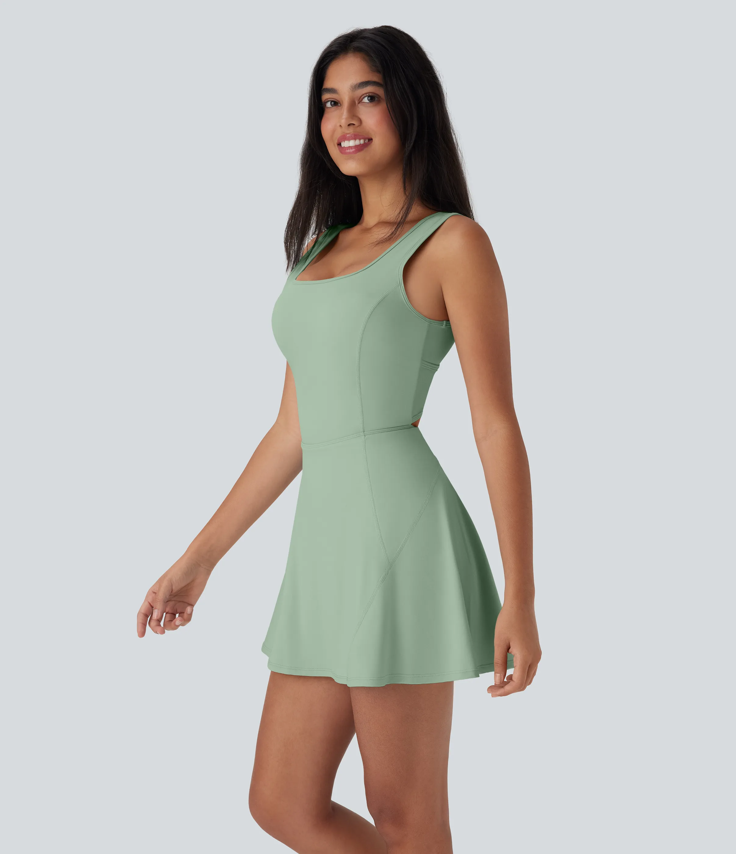Halara Vestido mini de baile Softlyzero™ Airy 2 en 1 con espalda abierta cruzada y escote en U con bolsillos laterales y fresco al tacto - Easy Peezy - Light Bean Green - XS sold by Halara product image thumbnail 4