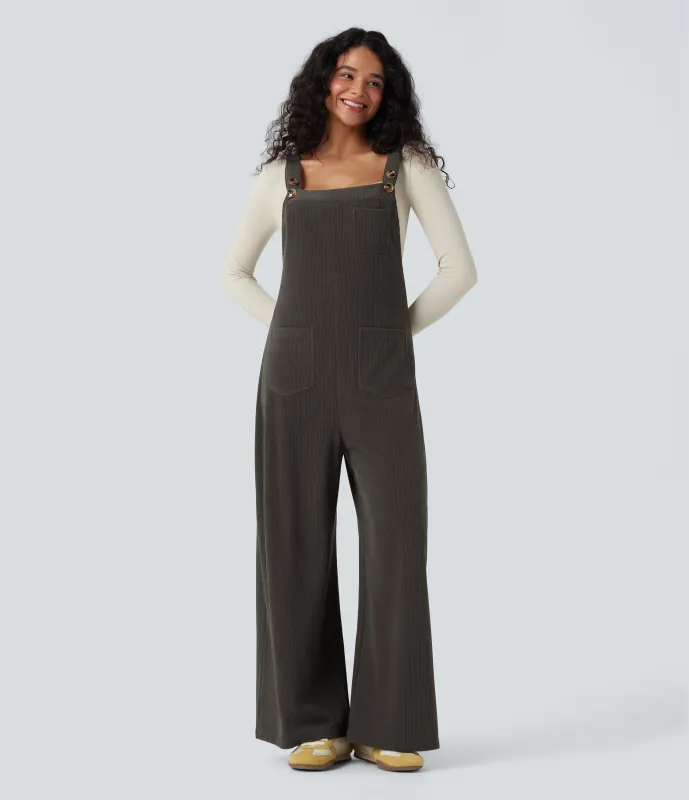 Halara Jumpsuit casual de pana con cuello cuadrado y bolsillos - Black Olive - XS(regular) made by Halara