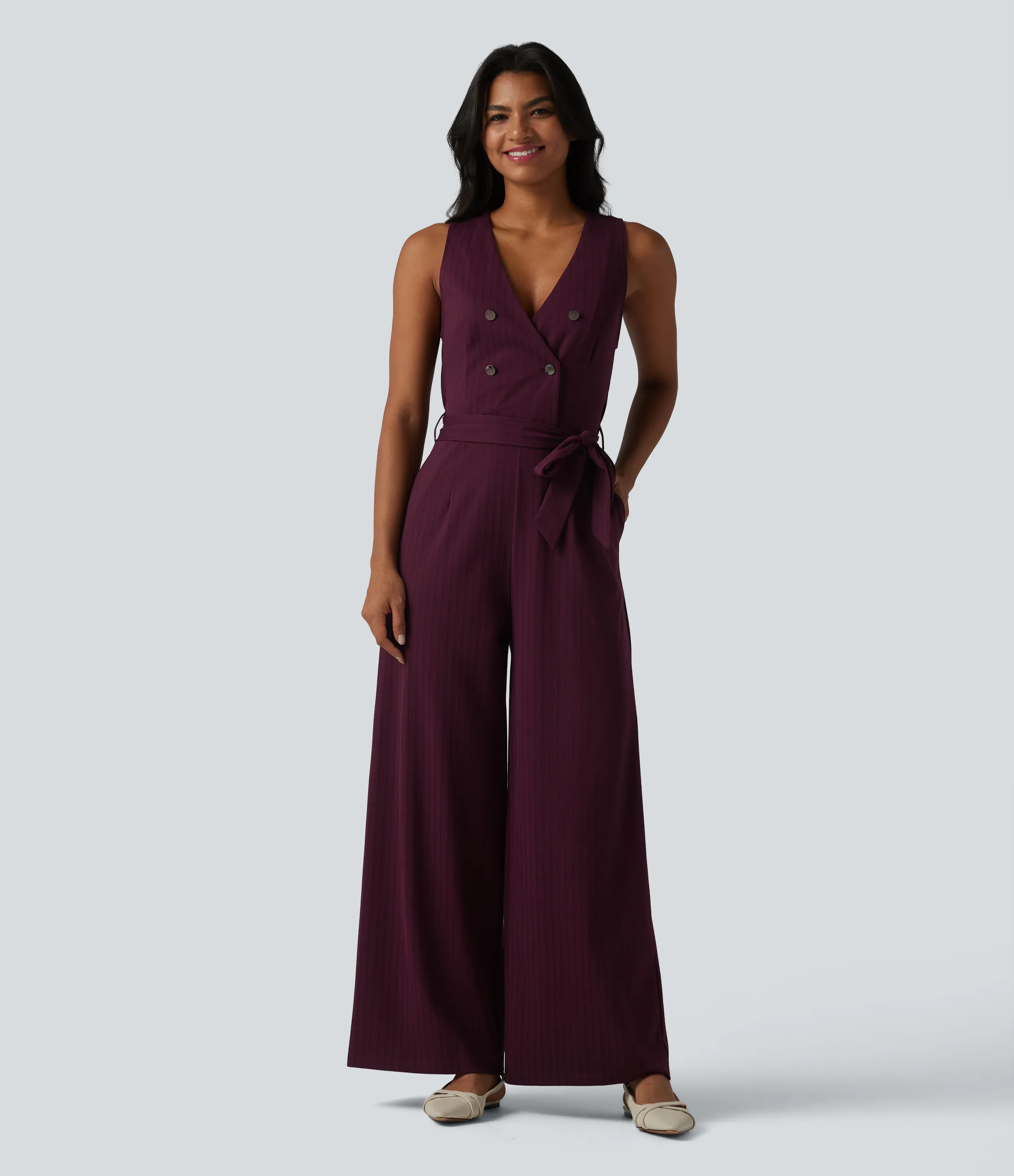 Halara Mono de oficina a rayas sin mangas con cuello en V, botones, cinturón, cremallera invisible de tacto fresco con bolsillos - Easy Peezy - Burgundy Pinstripe - XS(regular) sold by Halara